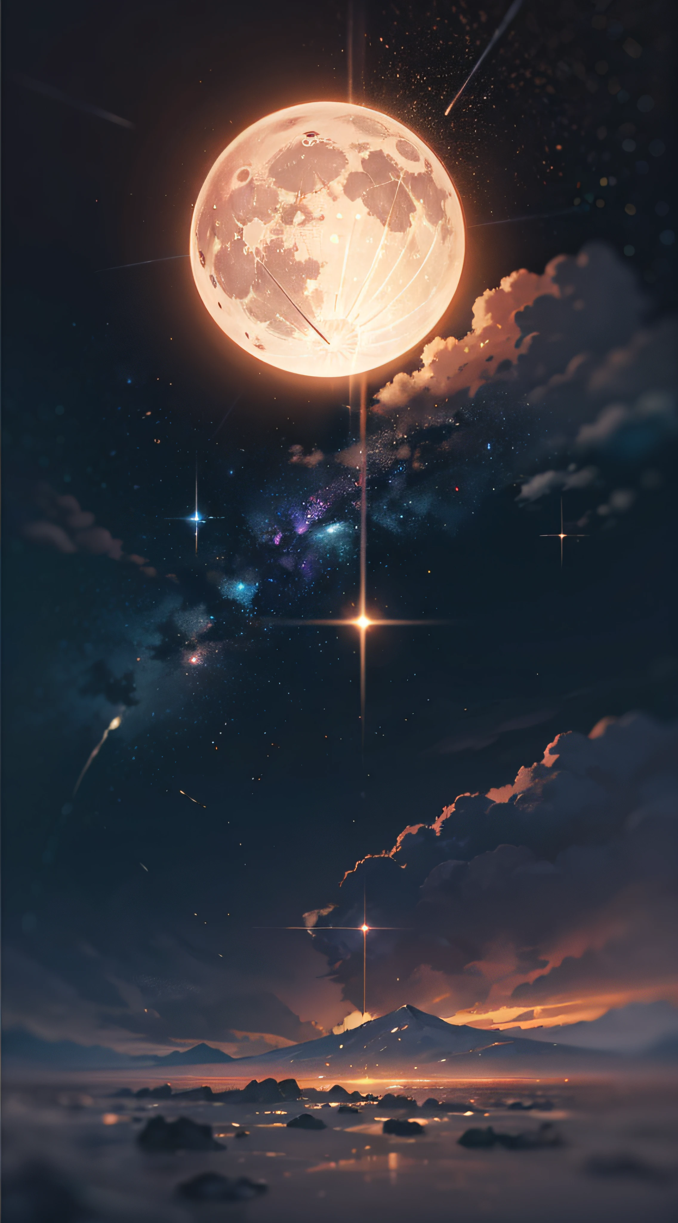 Expansive landscape photograph,(look from down,Above is the sky,Below are open fields),(moon full:1.2),(meteors:0.9),(Starcloud:1.3),Far Mountain, Tree BREAK making art,(Warm light source:1.2),(glowworm:1.2),lamp lights,Lots of purple and orange,Complicated details,Volumetriclighting,Realism BREAK(tmasterpiece:1.2),(best qualtiy),4K,Ultra-detailed,(dynamic compositions:1.4),The is very detailed,Colorful details,(Irridescent color:1.2),(luminouslighting,Atmospheric lighting),dream magical,magical,(独奏:1.2),((best qualtiy)), ((tmasterpiece)), (the detail:1.4),depth of fields,maximum definition and sharpness,perfectly proportions