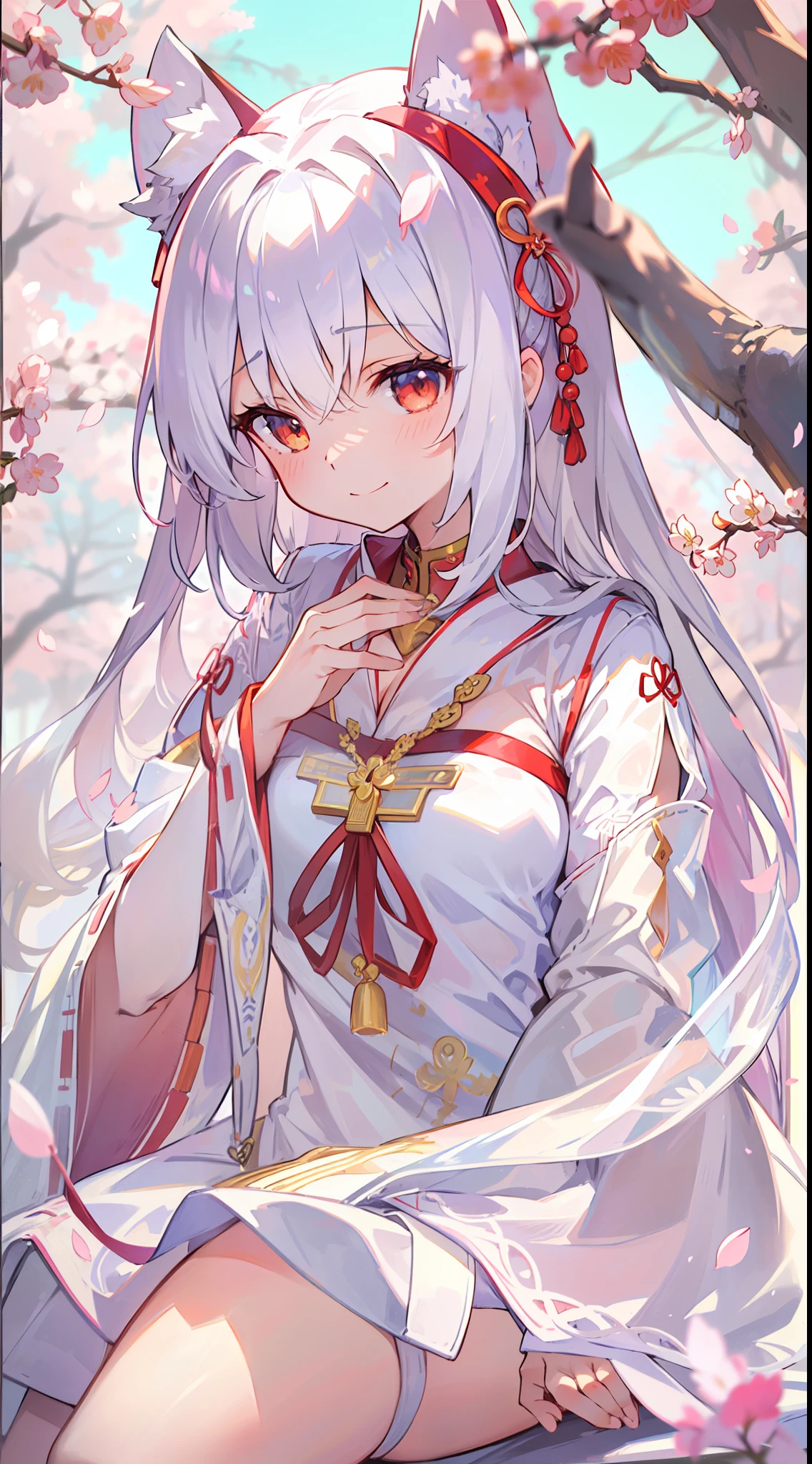 (​masterpiece)、(top-quality)、(ultra-detailliert)、独奏、Beautiful girl with silver hair、Anime 、Cat eared loliine maiden、White and red see-through priestess uniform、Short priestess uniform、sleeve less、a smile、thigh focused、Cleavage emphasis、Shrine with cherry blossoms