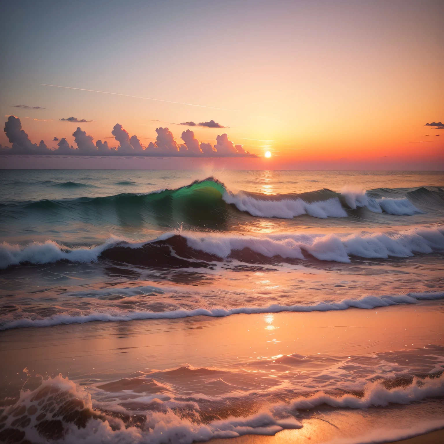Absolutely mesmerizing sunset on the beach with a mix of oranges, pinks and yellows in the sky. The water is crystal clear, gently kissing the shore, and the white sand is endless. The scenes are action-packed and breathtaking, with seagulls soaring high in the sky and palm trees swaying gently. Immerse yourself in the calm atmosphere and let the serenity surround you.
