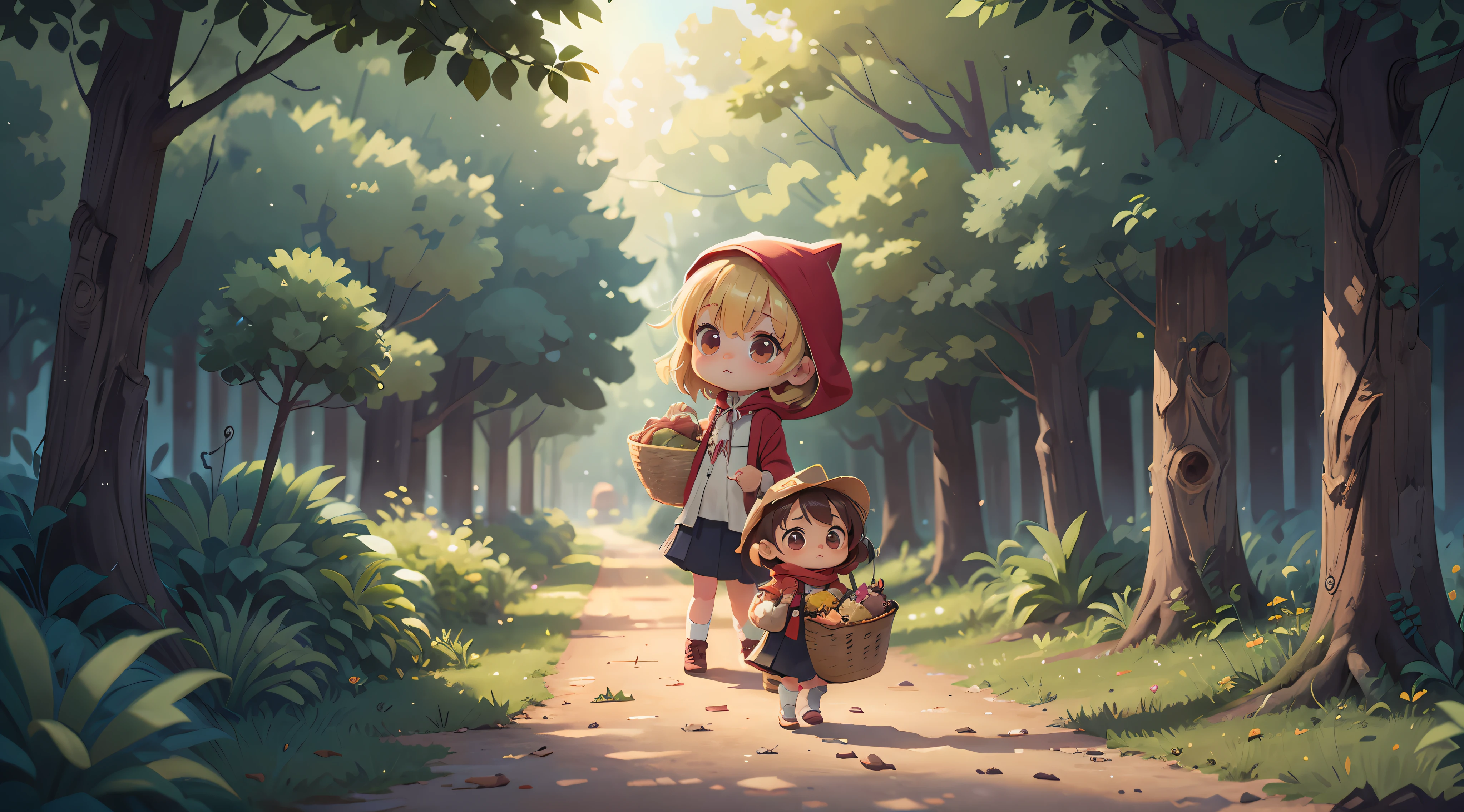 Best quality,Masterpiece,(Chibi comic style),Extremely detailed Cg Unity 8K wallpaper,littleredridinghood, Carrying a basket, Stroll along country roads,Perfect light and shadow