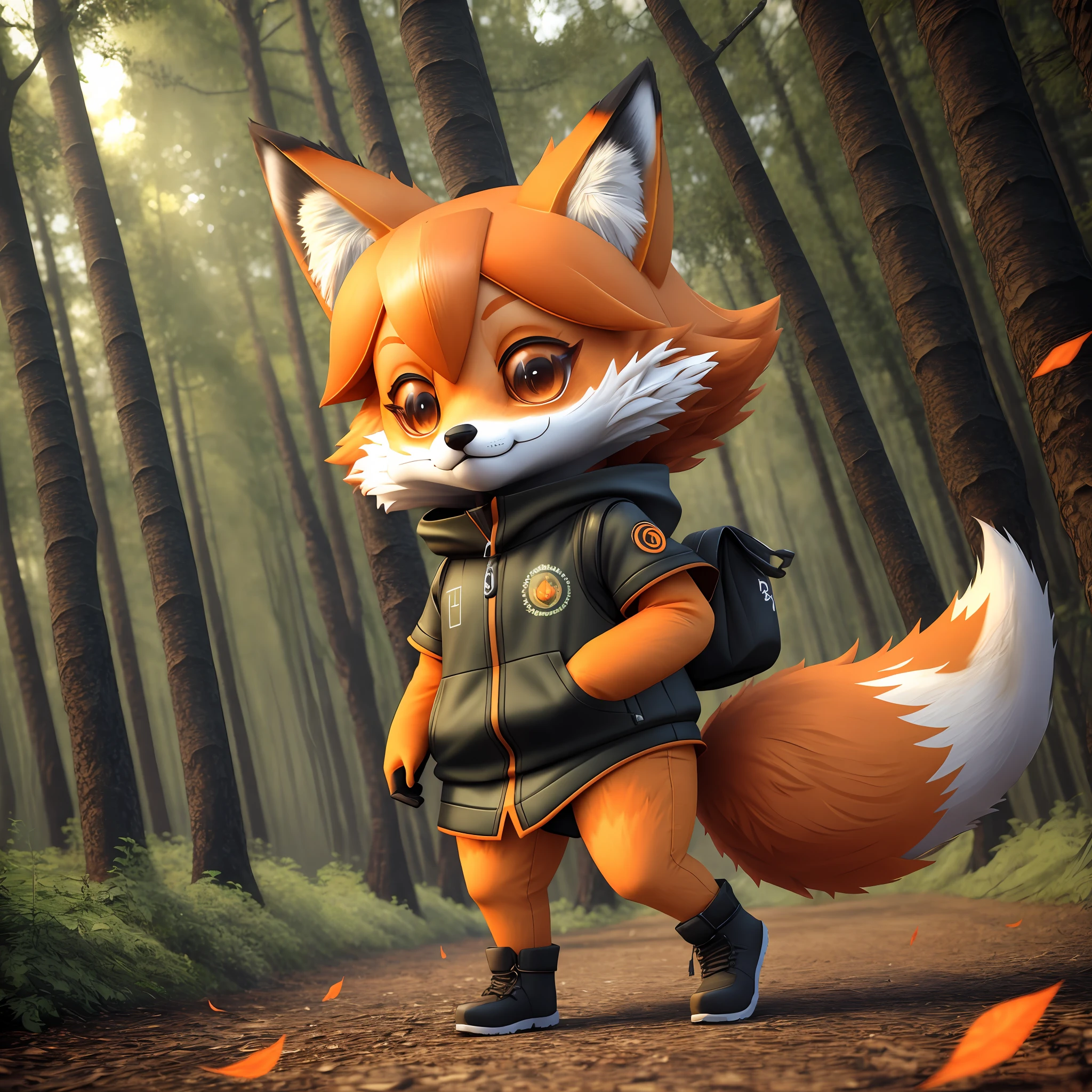 Fox, forest, big eyes, high definition, orange fur, cyberpunk style, leaves flying, 3D, chibi, leaves flying, wind blowing.