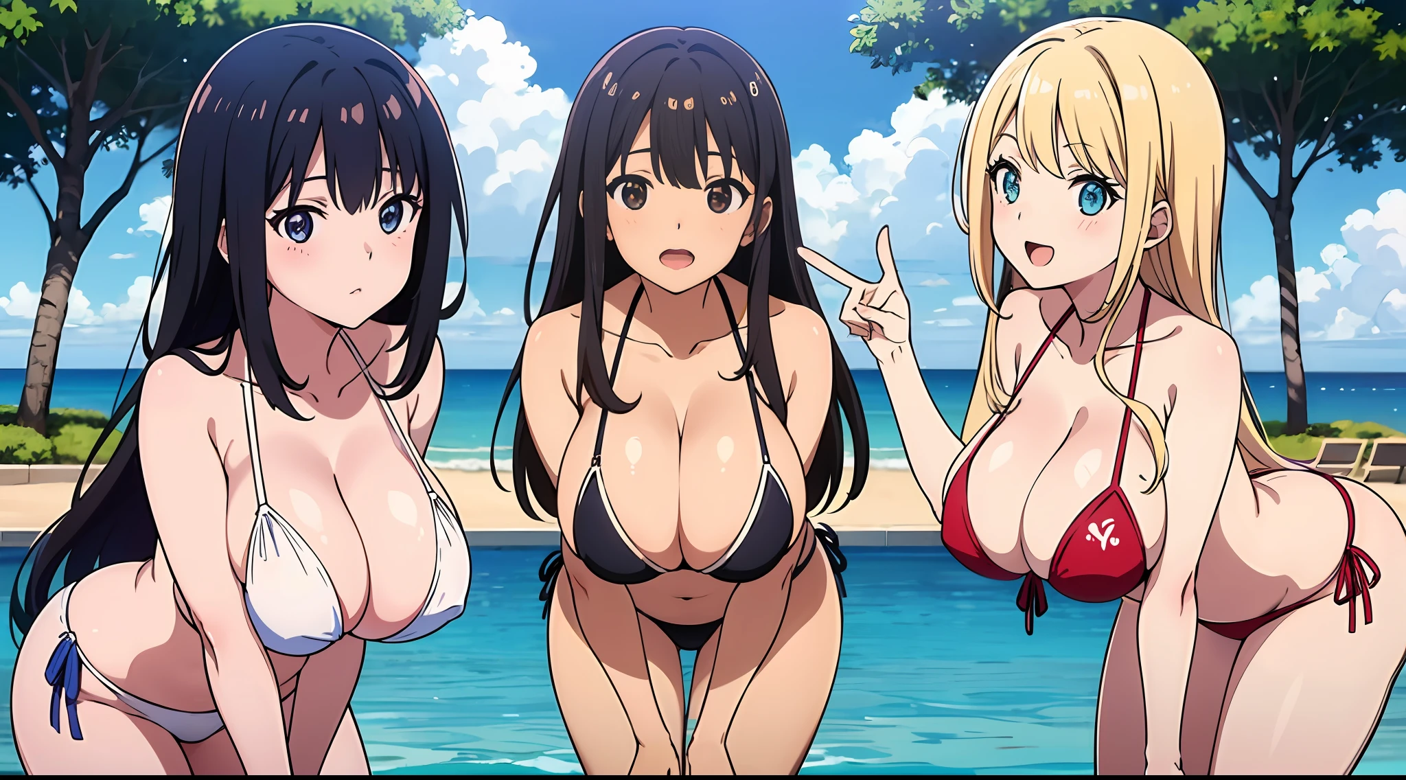 Pool Party, look at viewr, Multiple girls, in group photograph, lineup, harems, High School Girls, 3女の子, maikurobikini, Huge perfect breasts, Leaning forward, Cowboy Shot, Beach, (Best Quality, 8K, 32K, masutepiece:1.2),
