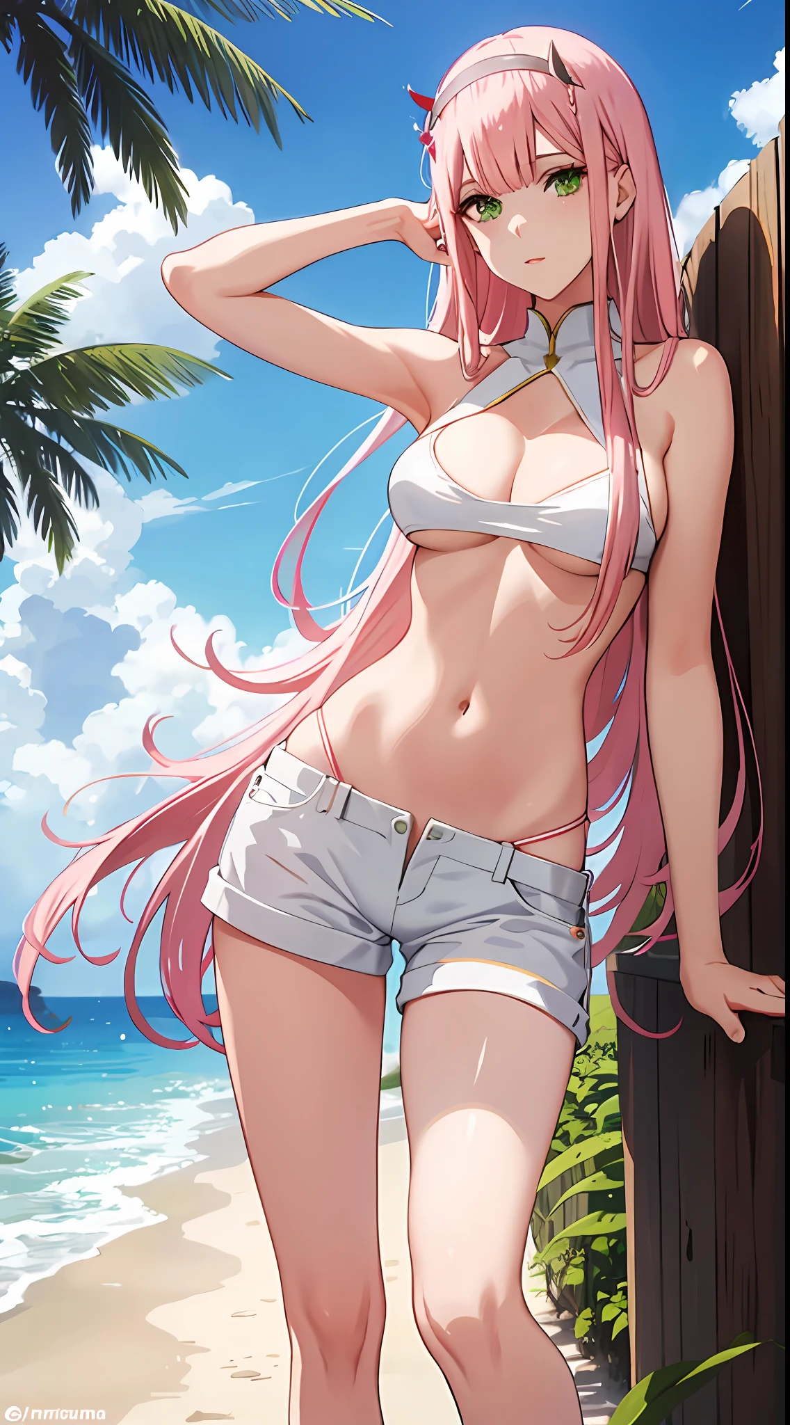 zero two, navel, medium breast, navel, slim legs, sunny day, Beach, leaning, beautiful eyes, green eyes, happy, hot pants