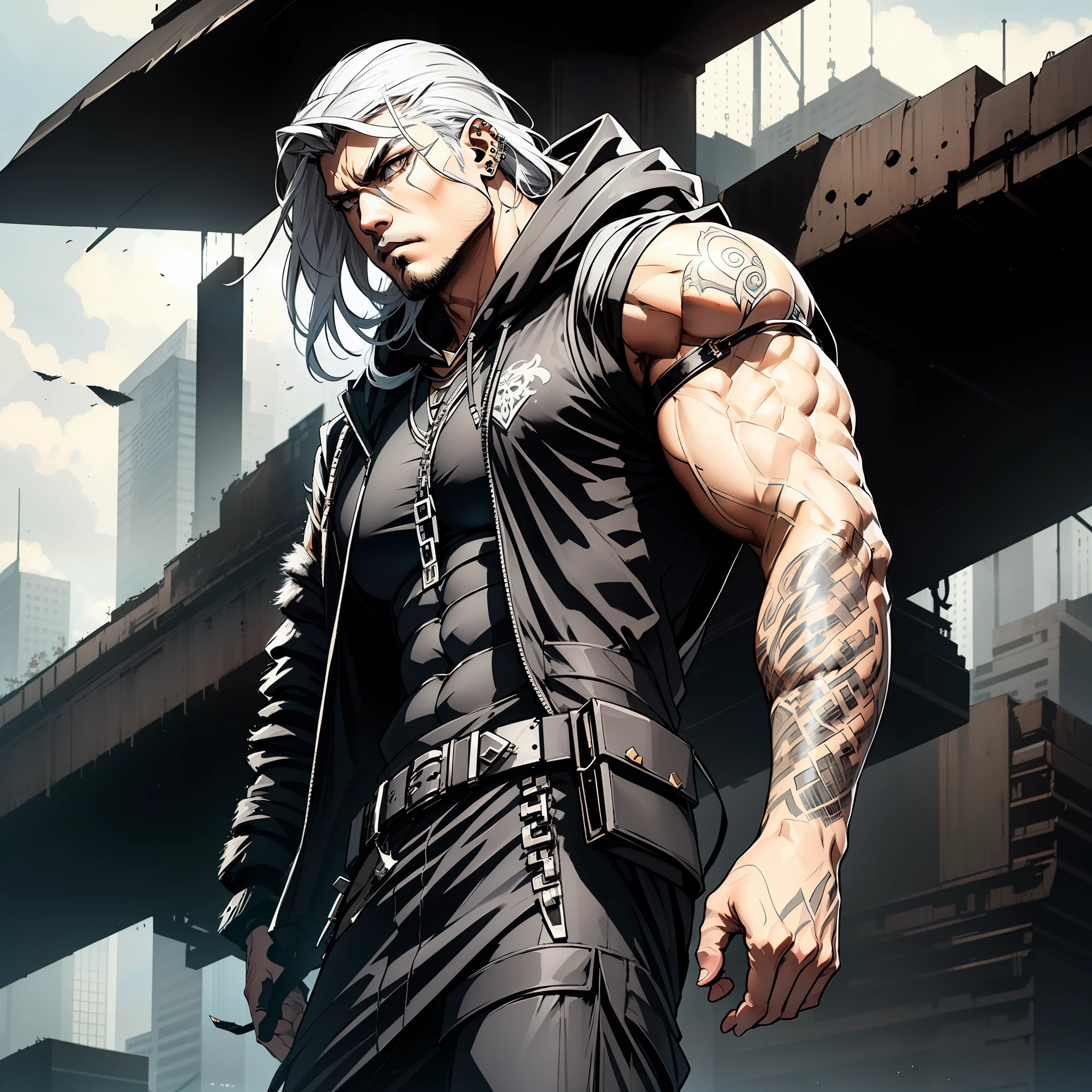 He has long, flowing white hair. His piercing white eyes shine with intensity. Clad in sleek black attire adorned with a mysterious hood, he exudes an aura of enigma. Towering with an imposing stature and a chiseled physique, he commands attention and respect. He is a Grimreaper by trade.