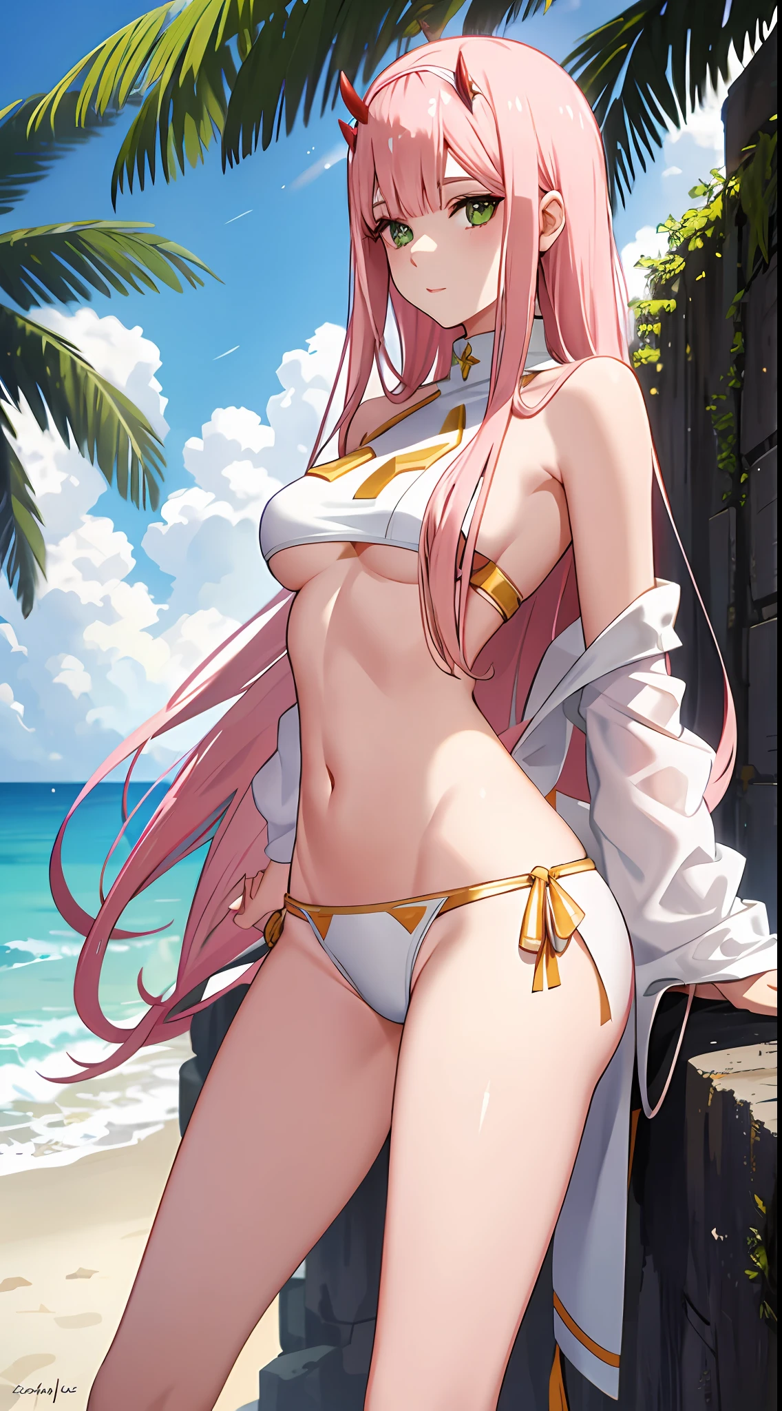 zero two, navel, medium breast, navel, slim legs, sunny day, Beach, leaning, beautiful eyes, green eyes, happy, hot pants