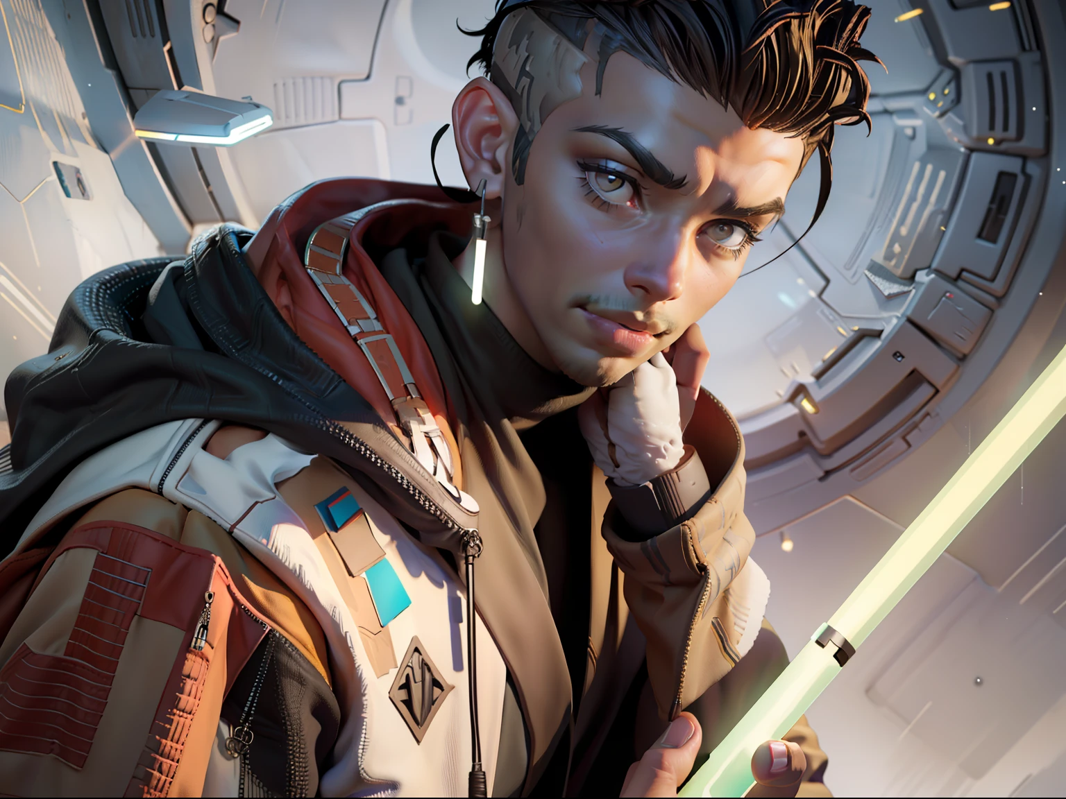 Create a man, star wars character, Hold your lightsaber in front of your face, 35yo,Weight 70 lbs,dark-skin,Wearing a light-colored robe, Wear black earrings, Curly and short, The sides are slightly shaved, Brown eyes, Mysterious eyes, Detailed anatomy, Photo, Realistic, Cinematic, Glamour, On an alien planet