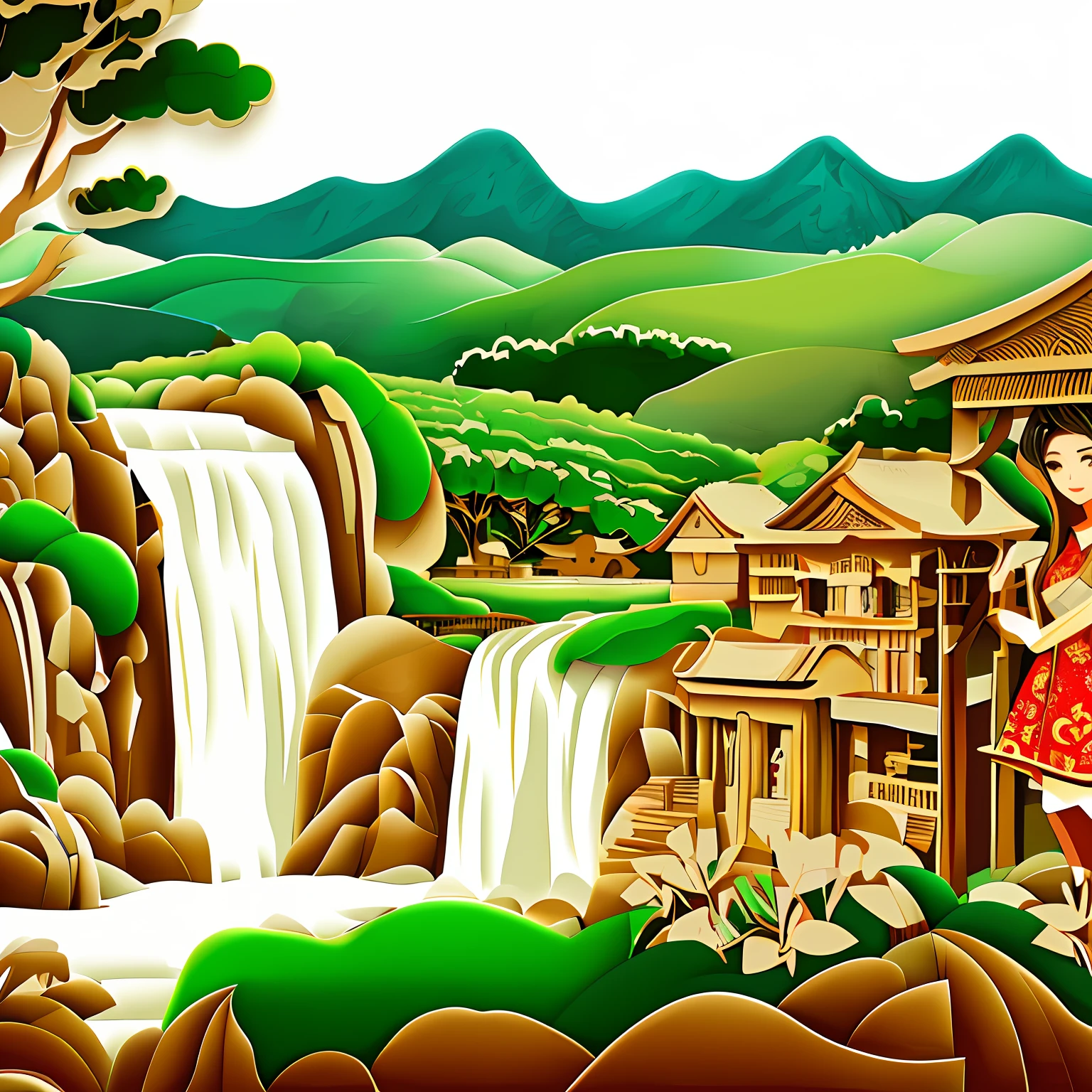 There was a woman standing in front of the waterfall，Holding a red umbrella in his hand, A beautiful artwork illustration, Beautiful wallpaper, wallpaper hd, scenery art detailed, animated movie still, landscape artwork, Ancient ruins and waterfalls, with waterfalls and river, with trees and waterfalls, artwork in the style of z.Show on the. gu, with waterfalls, Stylized digital illustration, Wallpaper phone