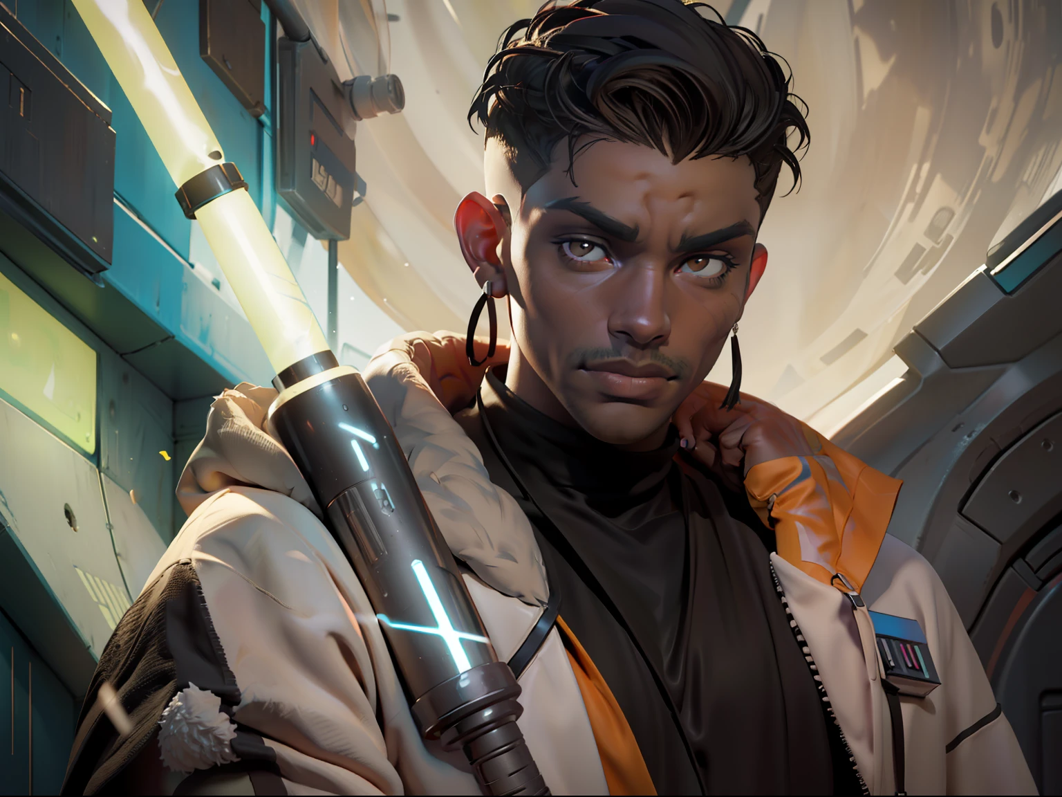 Create a man, star wars character, Hold your lightsaber in front of your face, 35yo,Weight 70 lbs,dark-skin,Wearing a light-colored robe, Wear black earrings, Curly and short, The sides are slightly shaved, Brown eyes, Mysterious eyes, Detailed anatomy, Photo, Realistic, Cinematic, Glamour, On an alien planet