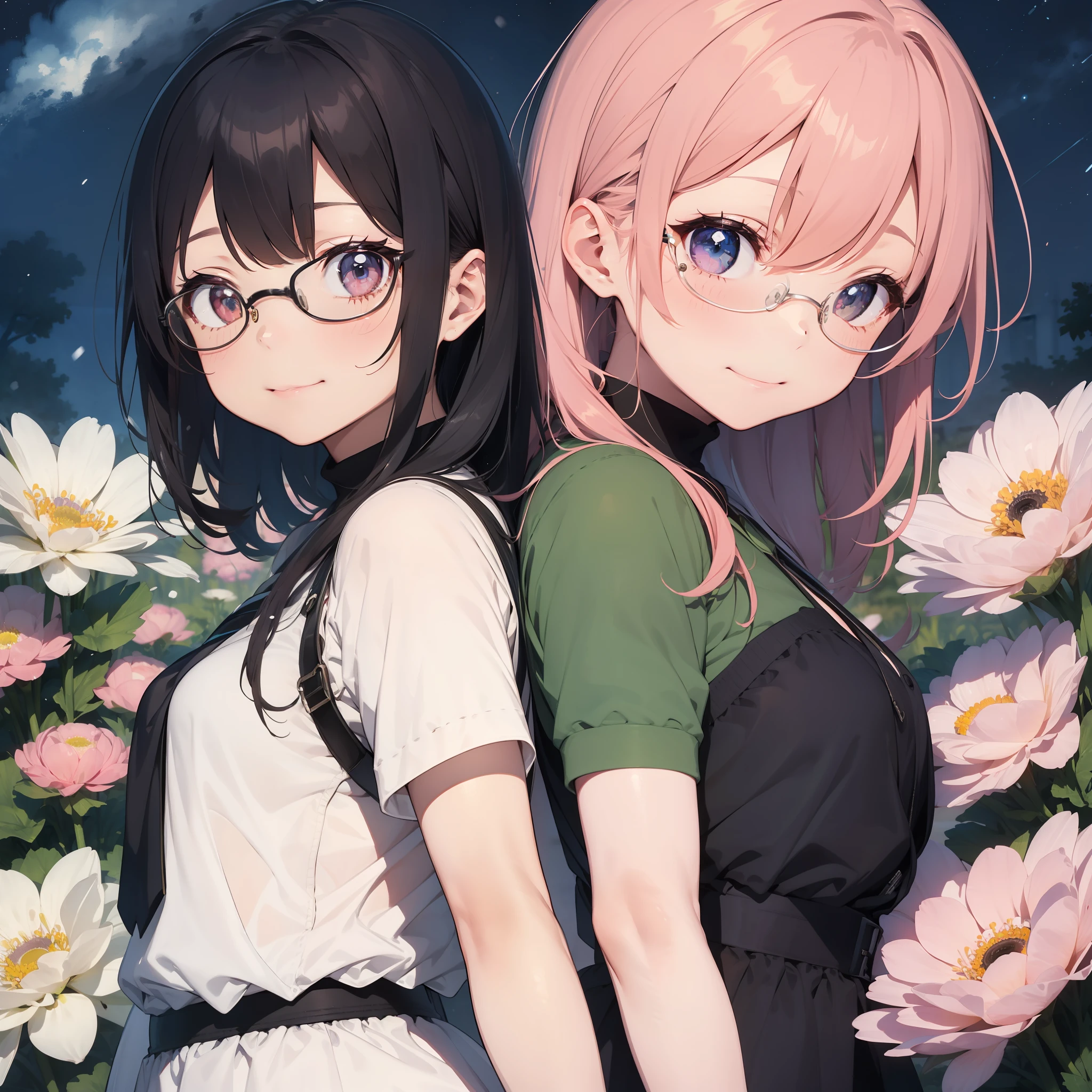 directly in front、1girl in、line-drawing,Pastel tones,Watercolor coloring、Highest Quality,masterpiece(high)、Gentle eyes、thick outline、Rimless glasses,、Petite girl、Punipuni、Pink hair color、 Shiny hair、Smile、Snow White armor、Thin and beautiful sword in hand、Bright background、夏天、 Beautiful flowers、undulation、a lot of white anemone、Anemone field、Uruuru、