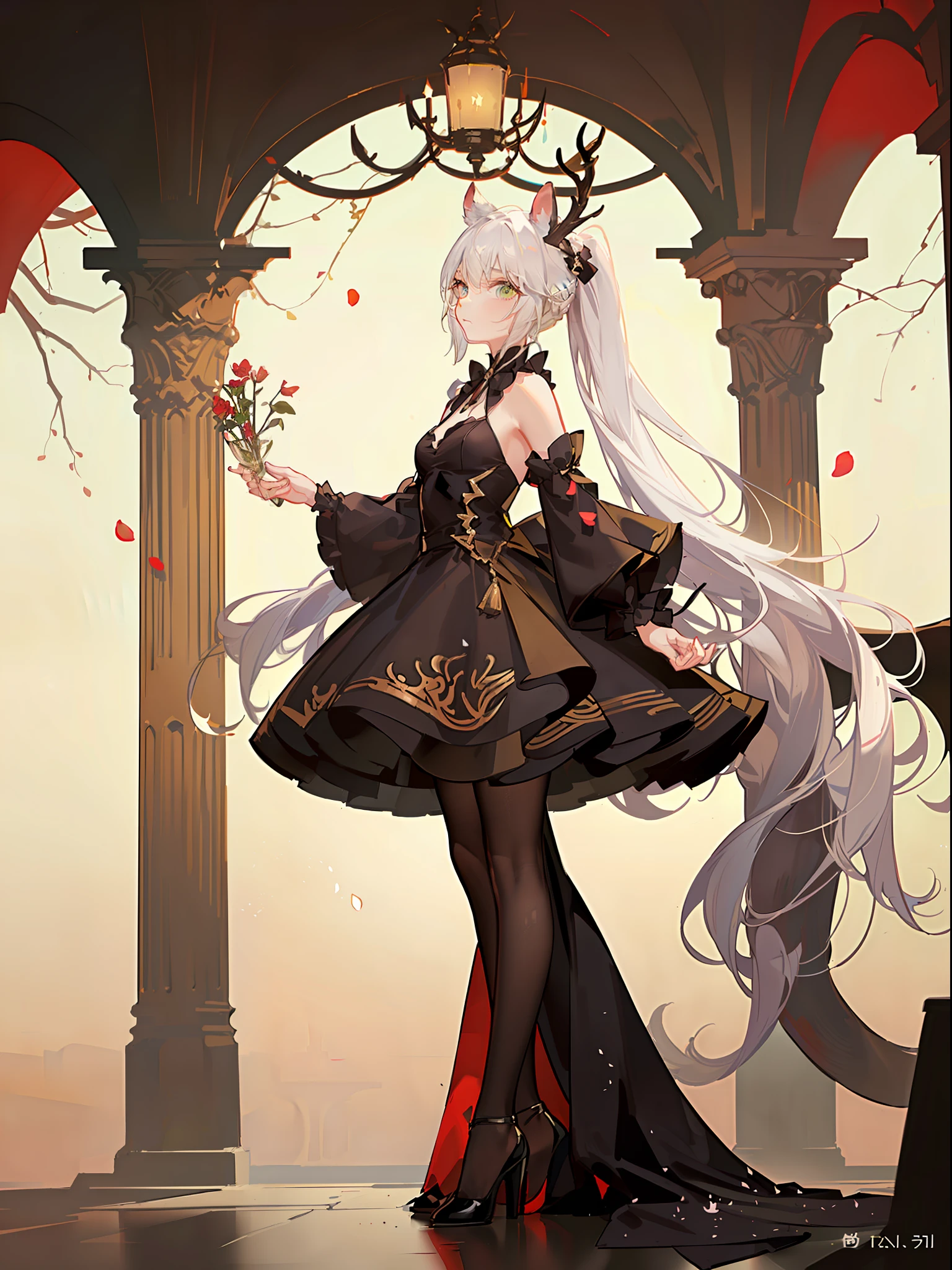 Full body standing painting,tmasterpiece,high qulity,Stuffed animal ears,The tail is a giant squirrel tail, Same color as ears, But the white part is whiter than the hair (Close to pure white)It is also draped with irregular petals,The antlers are brown and curved, The hair is white overall, There are irregular yellow and black pickaxes, Low hairstyle, There is a small braid on the right side of the ponytail, Irregular petals fall on the head, The neckline is a bell, The chest has a cutout design, The right side of the skirt is different from other fabrics, The fabric is harder,folds, The sleeves have two layers, The inner layer is white,