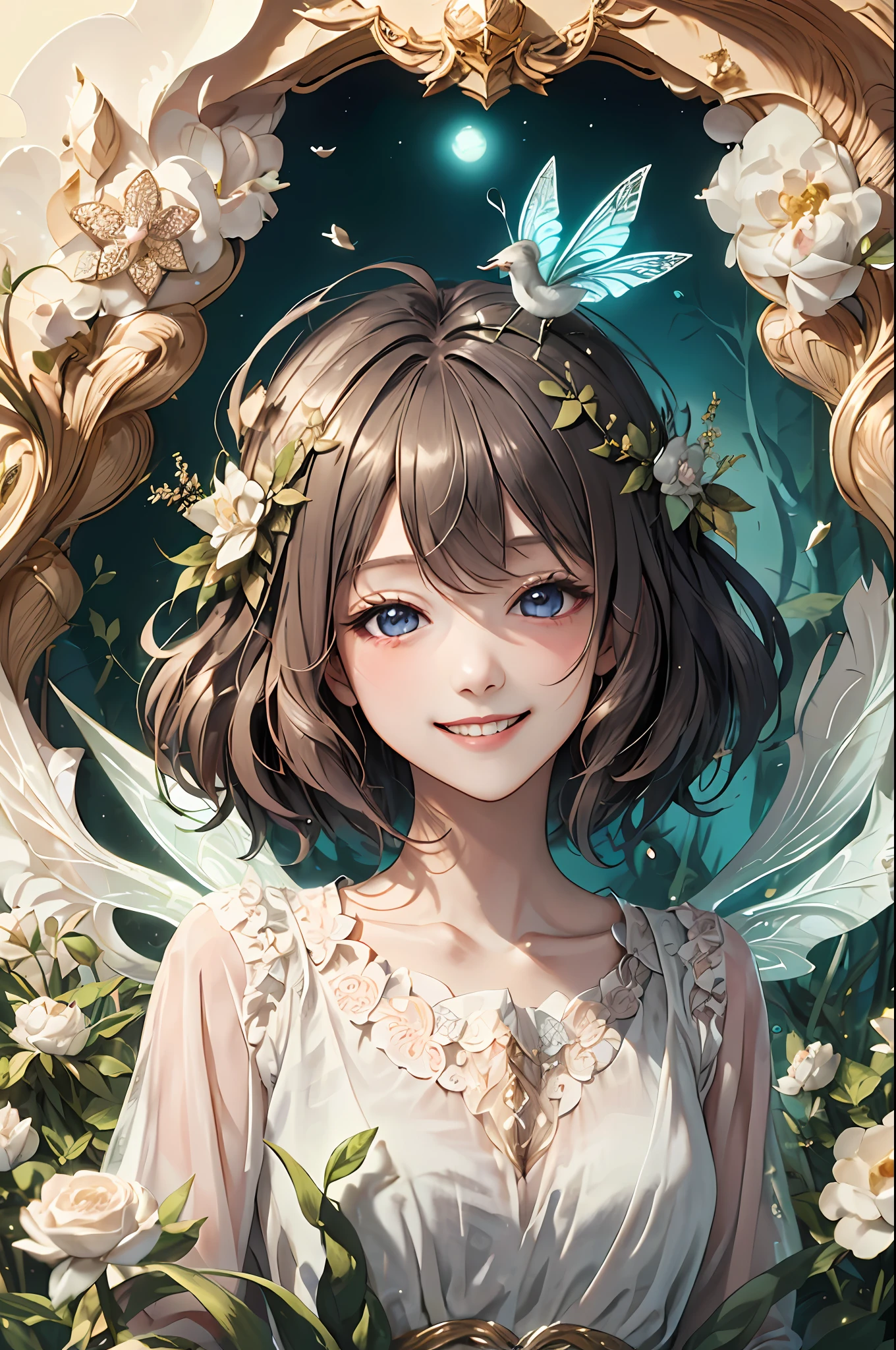 Welcome to the unknown、A fairy will guide you､kindly smile、Beautiful girl with a sense of transparency、beautiful fairies､Large transparent blade､are flying、Smile brightly、the woods、verdant、forest fae
