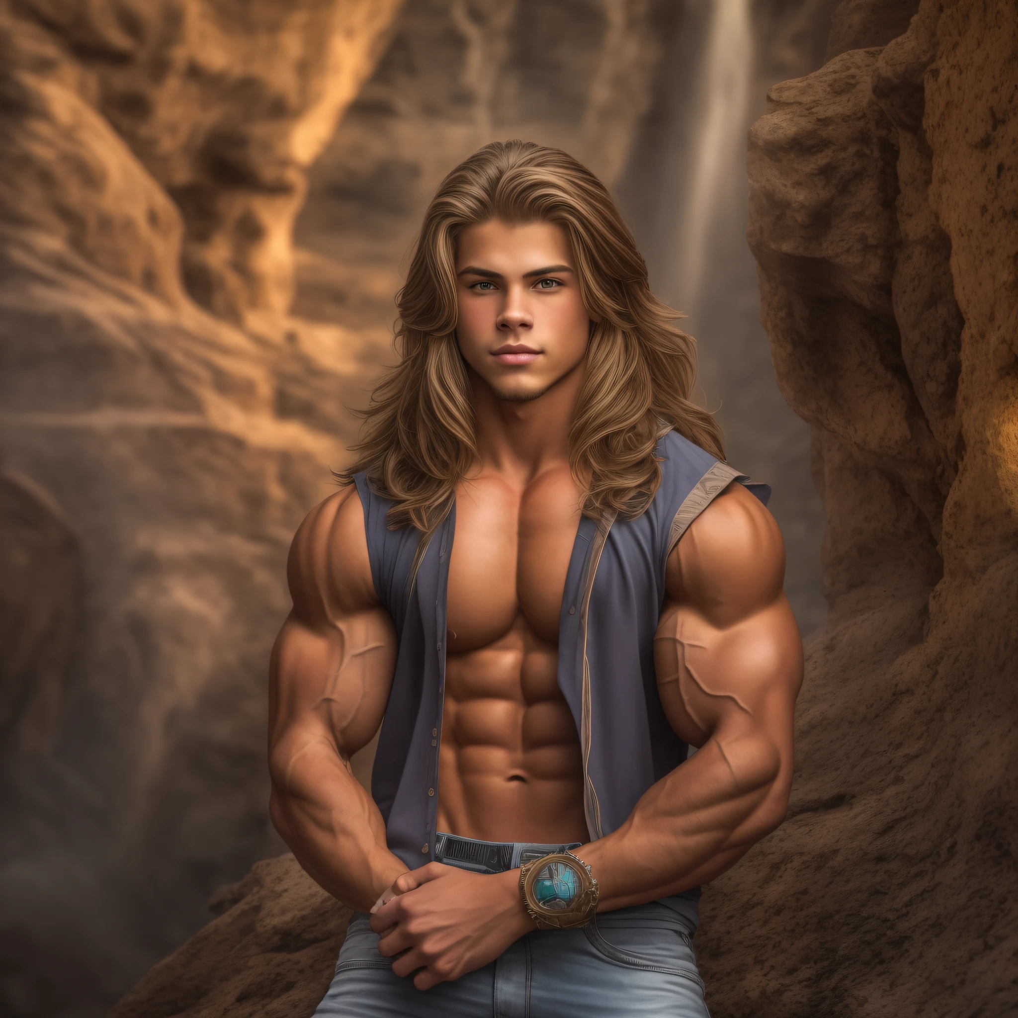 An 18-year-old boy bodybuilder, embodying the perfect fusion of Joey Lawrence and Cody Calafiore with long hair, exuding an aura of strength and confidence. Enhanced with HDR technology, this image depicts a true masterpiece, 4K resolution, southwestern setting, mystical and spiritual vibe