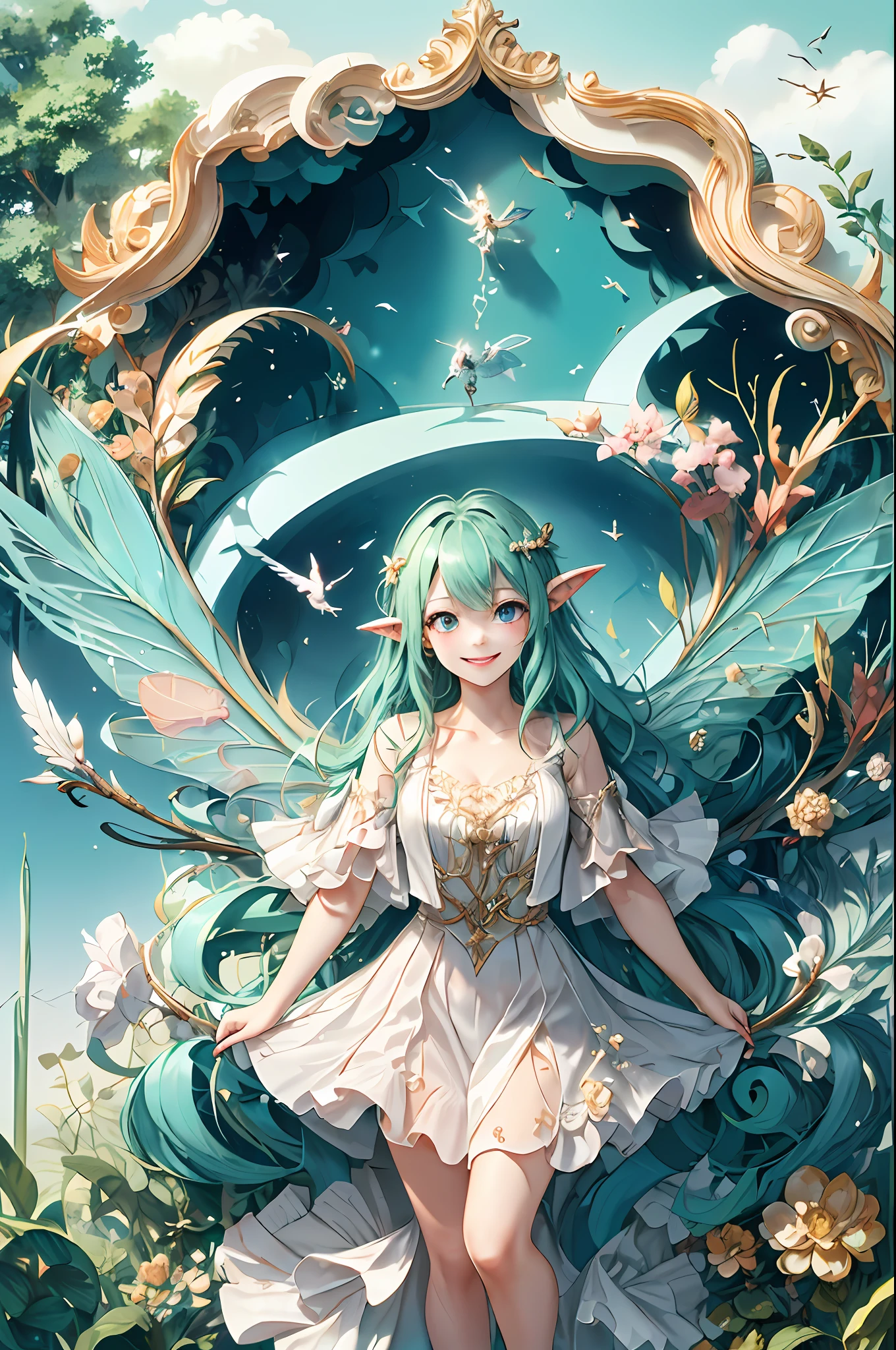 Welcome to the unknown、A fairy will guide you、kindly smile、Beautiful girl with a sense of transparency、beautiful fairies、Large transparent blade、are flying、Smile brightly、the woods、verdant、forest fae