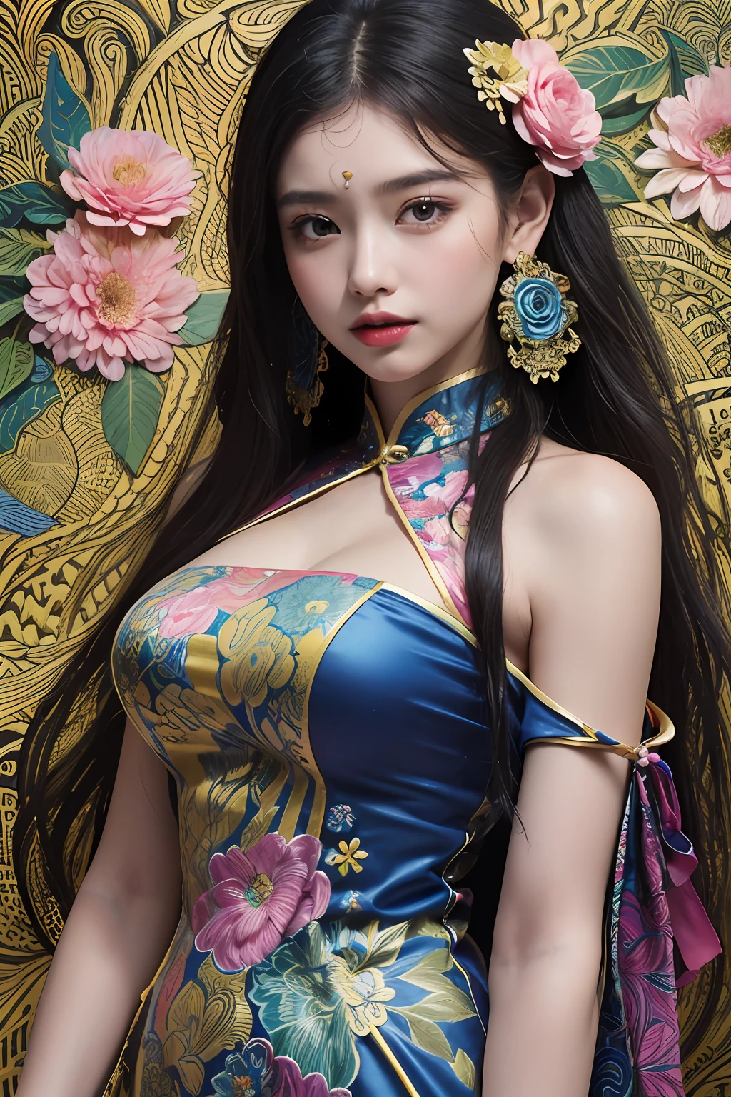 (masterpiece, top quality, best quality, official art, beautiful and aesthetic:1.2), (1girl:1.3), extremely detailed,(fractal art:1.1),(colorful:1.1)(flowers:1.3),highest detailed,(zentangle:1.2), (dynamic pose), (abstract background:1.3), (chinese dress:1.2), (shiny skin), (many colors:1.4), ,(earrings:1.4),