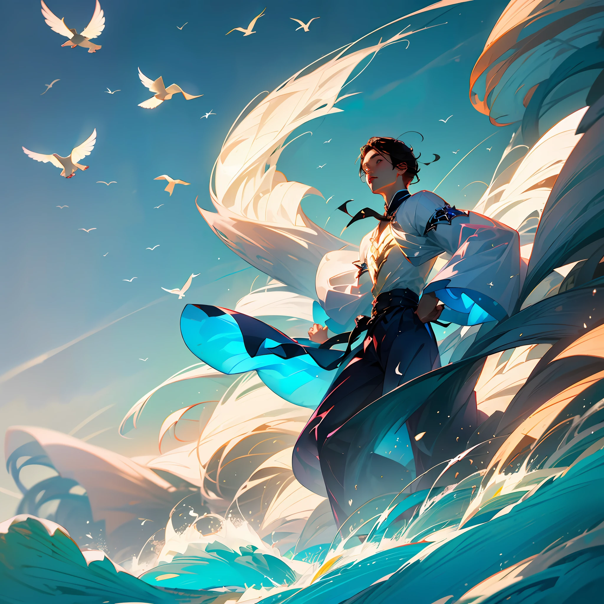 tmasterpiece，High- sharpness，Best quality at best，A young boy faces the sea, his clothes fluttering in the wind，He wore an open black half-sleeve，Stand by the coast，Open your hands，The sea is sparkling，There are several seagulls soaring in the sky，Sunny days， --auto