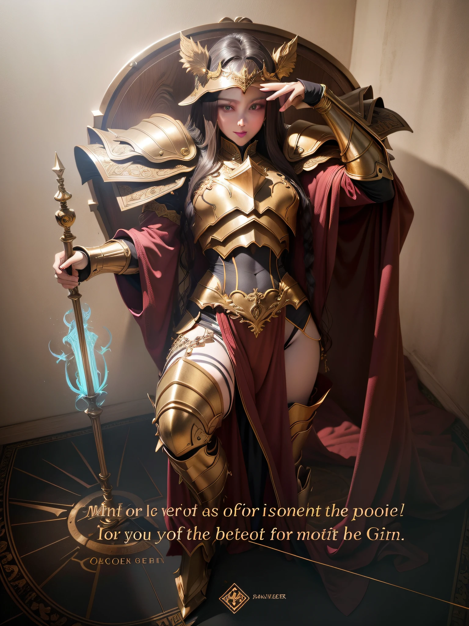 （8K，RAW photos，best qualtiy，tmasterpiece：1.2），（realisticlying，Photorealistic and realistic：1.37），Hyper-detailing，超高分辨率，1个Giant Breast Girl，looking at viewert，beautifull detailed face，ssmile，teeth，Sleeves long legs，Golden armor，brassier，pantiess，profesional lighting，Detailed room，inside in room， --auto