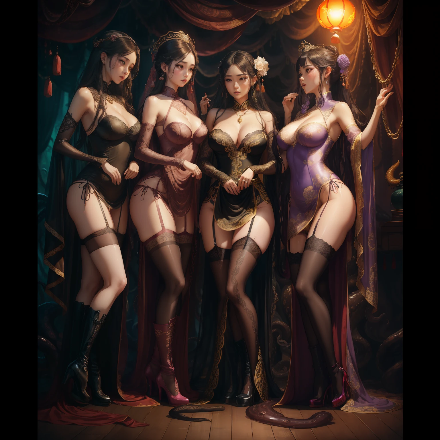 best quality, masterpiece, highres, 3 noble girls, girls trapped, helpless, shock face expression, angry face expression, lesbians, making out, kissing, intimate, seductive, snapping, shot from behind, kneeling, asian style, hanfu, white and even teeth, irises, full body shot, shot from behind, chinese women's clothing, chinese traditional dress, long dress, different colors, wearing a nightgown thin lace deep slit chest, chinese underwear, stockings, wearing stockings, all wearing stockings, lace stockings, mesh stockings with hooks on underwear, garter belt, high heels, high boots, wearing high leather boots, high latex boots, corsait, turtleneck polo lace top, choker, leash, BDSM, chains, chained, long gloves, makeup, eyes with very sharp and detailed makeup, lipstick, very long hair, ponytail, hair ornaments, necklace, jewelry, crown jewelry, Pretty face, magic import style, tyndall effect, photo realistic, border light, two tone light, (high detail skin: 1.2), 8k uhd, dslr , soft light, high quality, volumetric light, candid, Photo , high resolution, 4k, 8k, Bokeh, In the Dark: 1.6), surreal full body of women by David Hockney and Alphonse Mucha, fantasy art, photorealism, dynamic lighting, station art, posters, volumetric lighting, highly detailed faces , super 8k, Awarded, in the dark, deep shadow, low light, bust, Royal style family, Best face, Very round and tight breasts, Surreal, guweiz, (full body), (Background detail 1.8), woman in a giant octopus hammock, monster's den background, hands in tentacles, hands covered with tentacles, Tentacles, wrapped in tentacles, covered with tentacles, gross tentacles, discusting tentacles, covered in slime, sweating, around the tentacles, some tentacles are touching her, tentacles, tentacle monsters, tentacles, slime, hybridization, mating, snapping, damp black translucent mucus, squirming tentacles, sucking tentacle, eating tentacle, sucks octopus tentacle