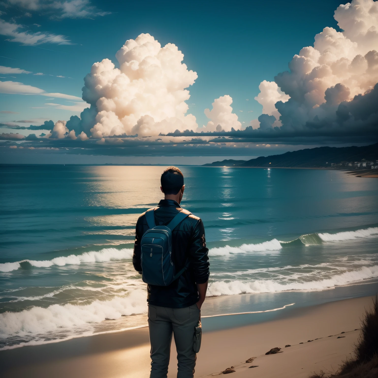 Cena de um homem caminhando em meio a uma paisagem desolada, looking at the horizon with an expression charged with sadness and discouragement.