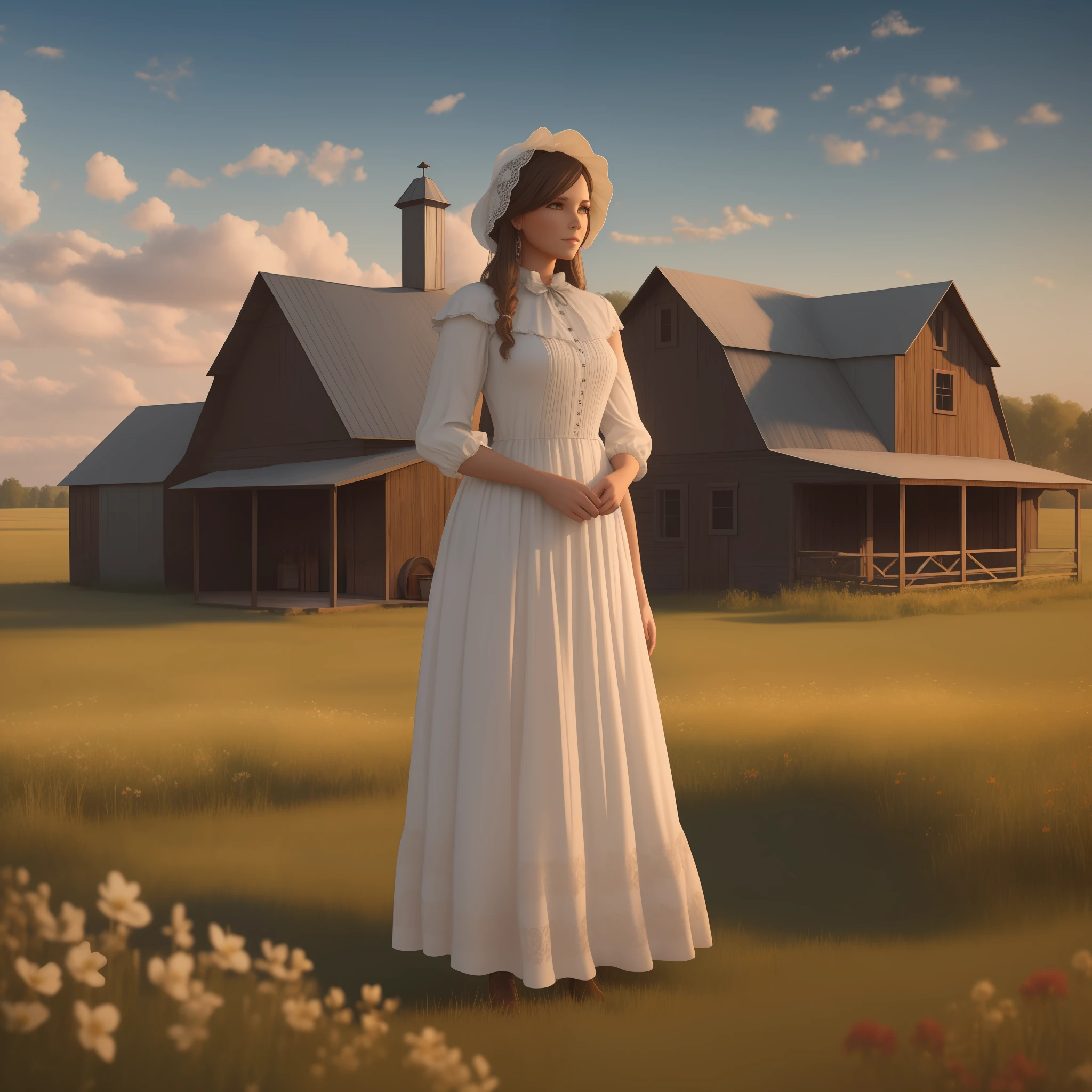 3D style beautiful pioneer woman, wearing a long dress and bonnet, dressed like Little House on the Prairie, standing in the prairie outside a cabin, barn raising