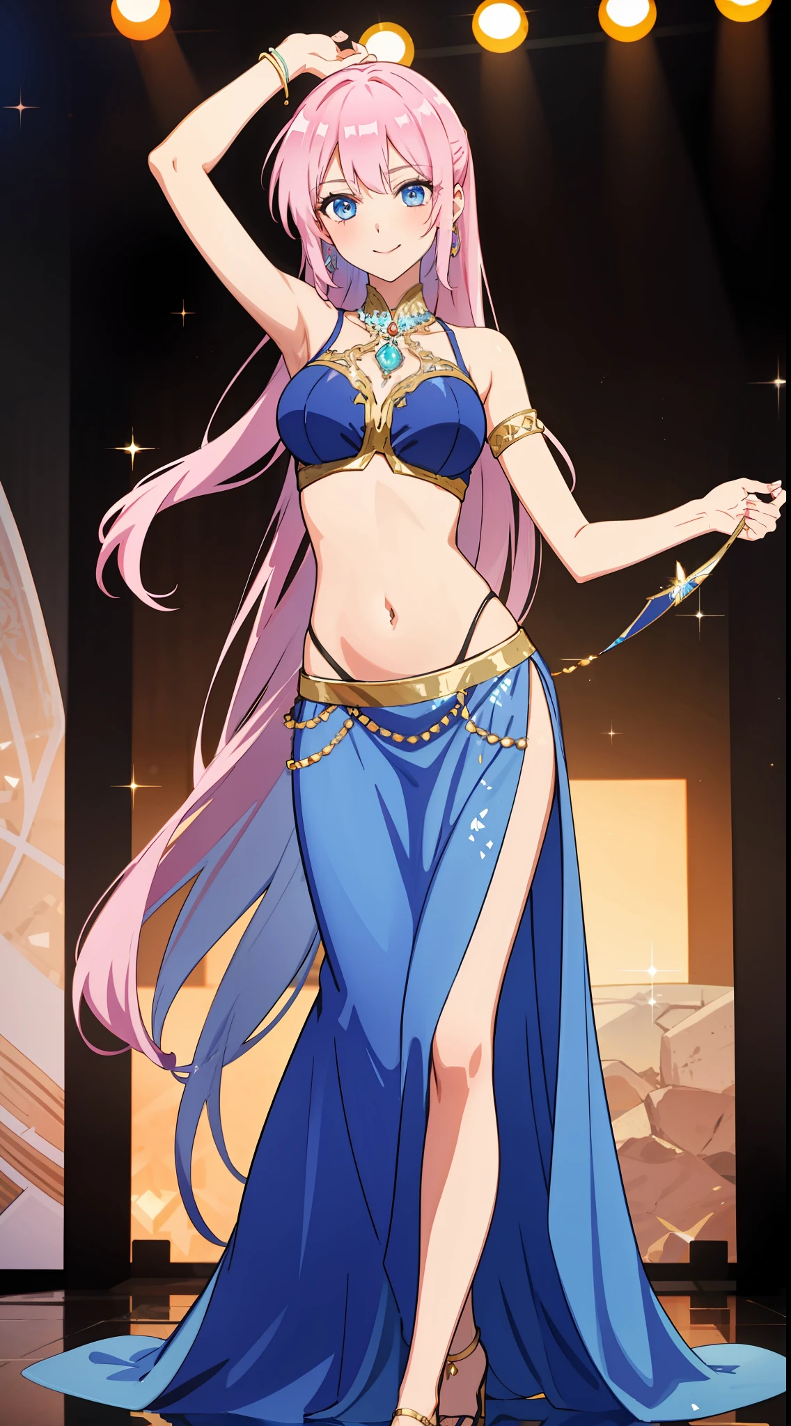 shikimori, medium , slim legs, blue gown, navel, skirt, standing, beautiful eyes, blue eyes, happy, arabian belly dancer, stage