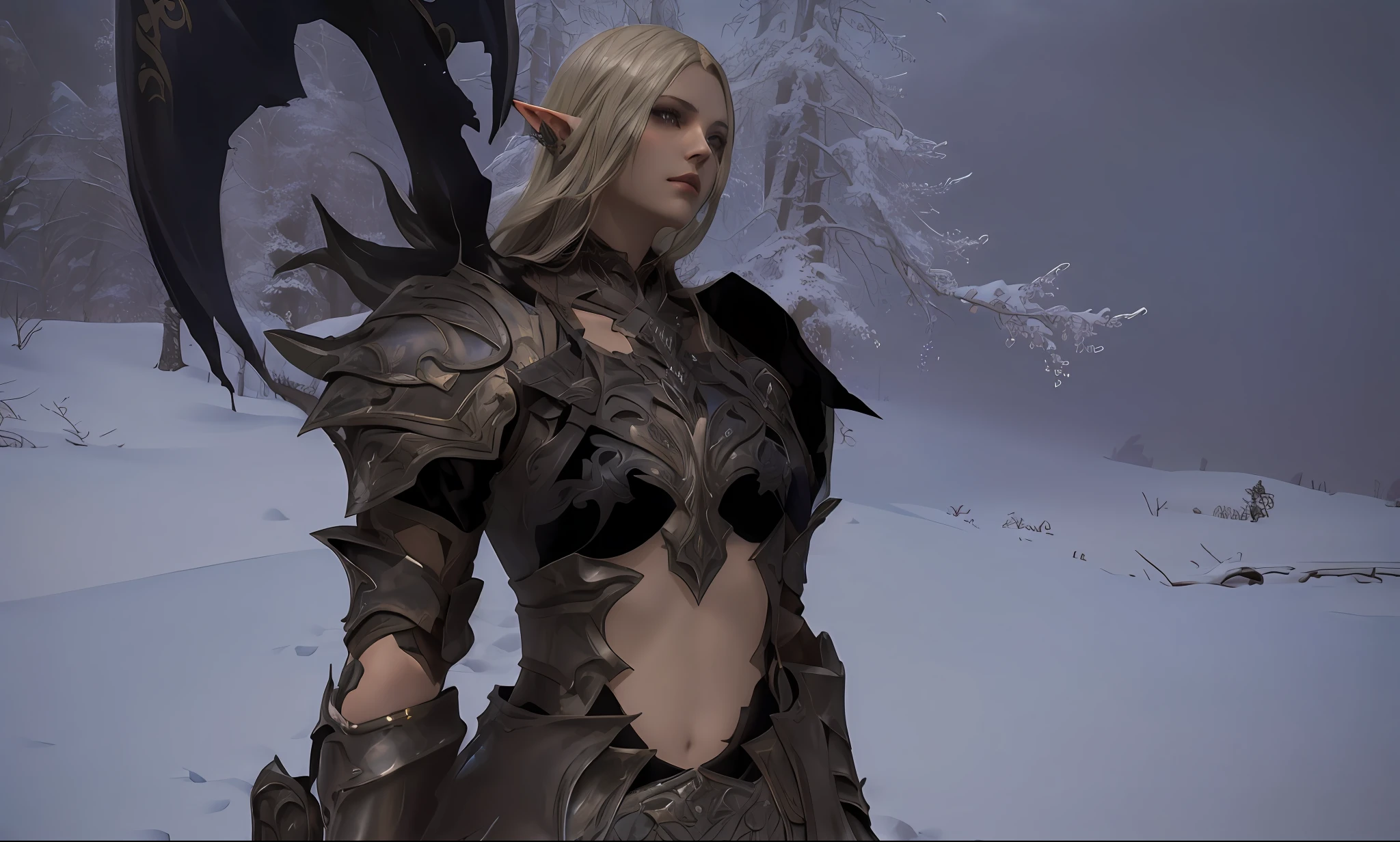 there is a woman in a brown outfit standing in the snow, dark elf, female elf, wearing shiny breastplate, from lineage 2, dark elf princess, pale black armor, dark elf maiden, sliver ice color reflected armor, backveiw picture of elf rogue, clothed in ethereal battle armour, wearing cloak on blasted plain, photogenic details on armour, Final fantasy 14, ff14 style