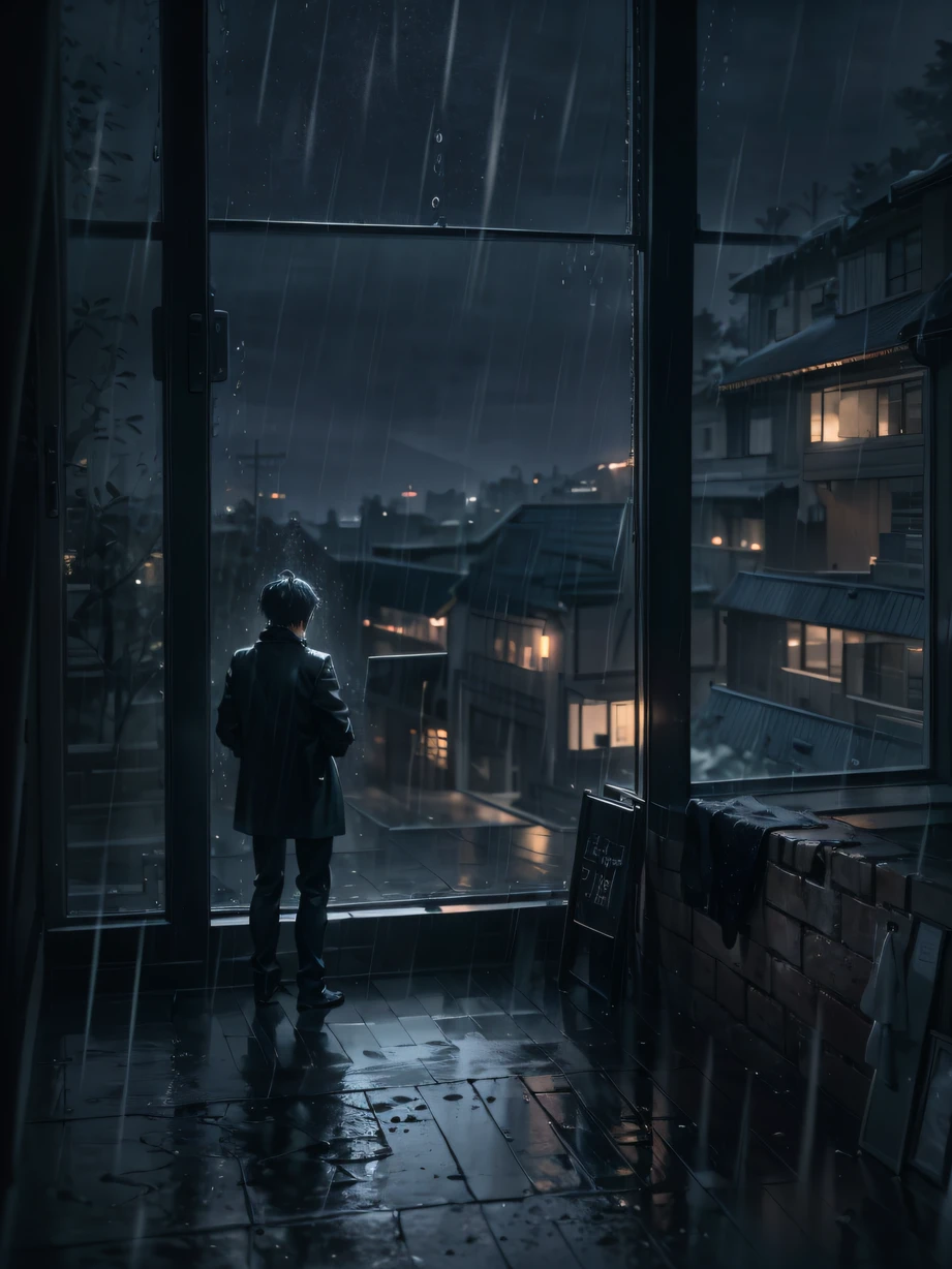 ，masterpiece, best quality，8k, ultra highres，On a dark, rainy night，A lonely man stands by the window gazing out into the outside world。Rain slipped on the glass，Blurred the view outside the window，It resonates strangely with the pain in my heart。