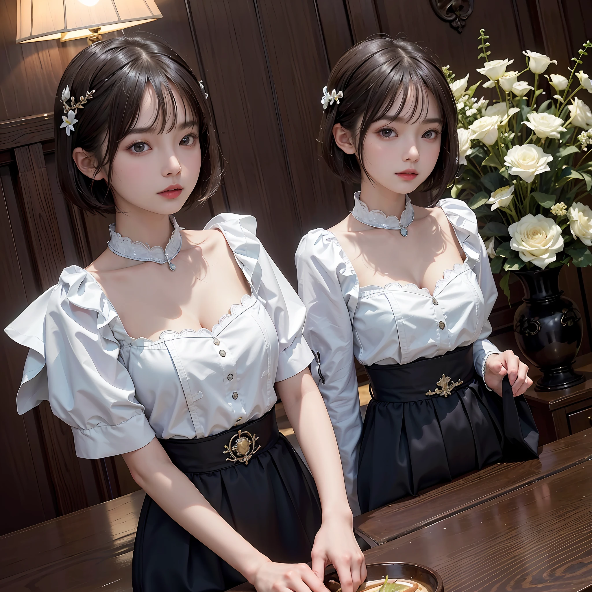 masterpiece, 1 beautiful girls, (((very_short_hair))), Eye details, Swollen eyes, Top image quality, 超A high resolution, (Realistis: 1.4), OriginalPhotographs, 1Girl, Cinematographic lighting, japanes, Asian Beauty, Korean, very beautif, Beautiful skins, thin, (A hyper-realistic), (hight resolution), (8 K), (ighly detailed), (The best illustrations), (beautifully detailed eyes), (ultra-detailliert), A detailed face, see the beholder, Facing straight ahead, Neat Clothing, shorth hair、A dark-haired、46-point diagonal bangs、Interior background of luxury hotel、flower arrangement、vases、Neat and clean