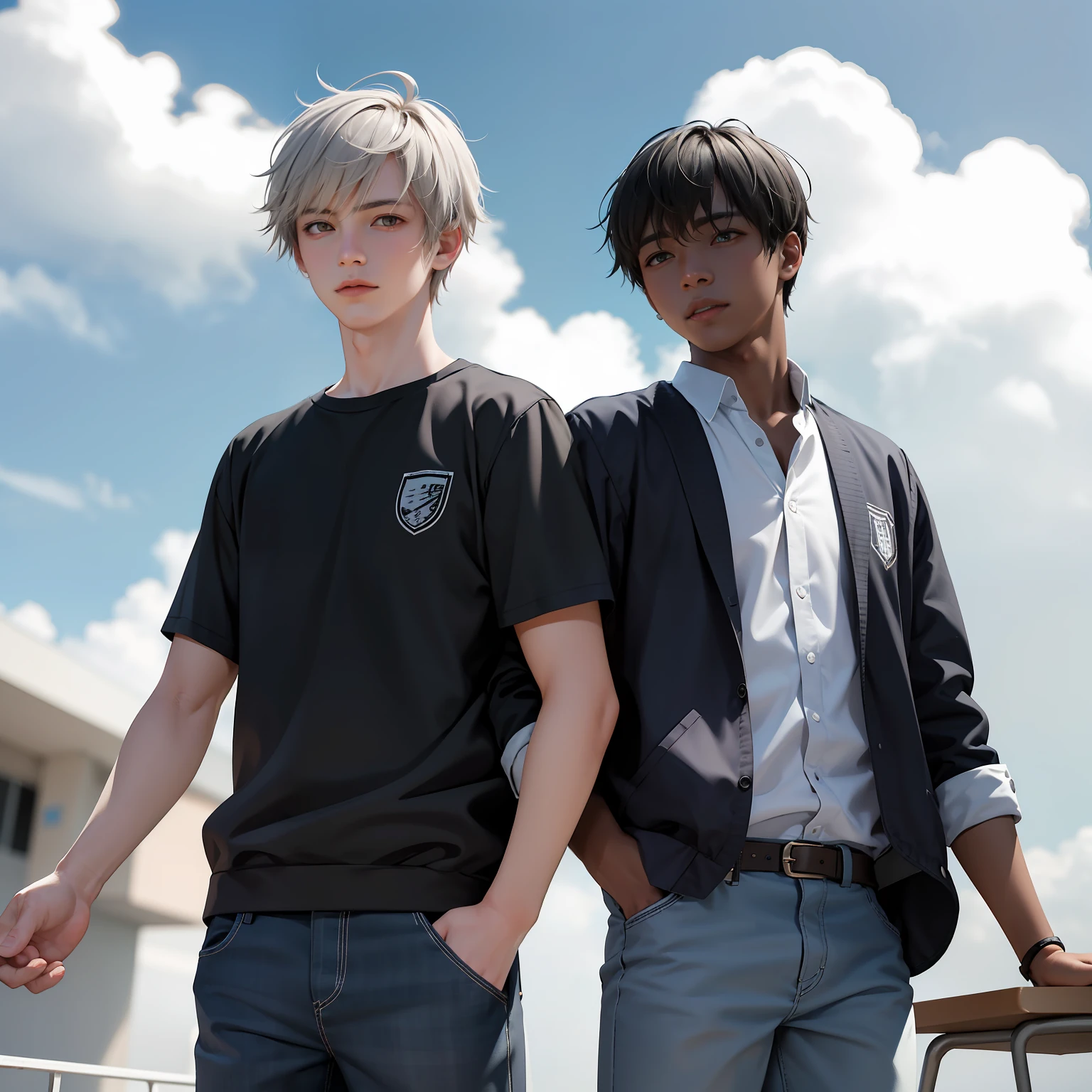 Two 15-year-old male teenage friends with dark skin and cloud-light gray hair at school share a secret that they are friends almost like brothers...