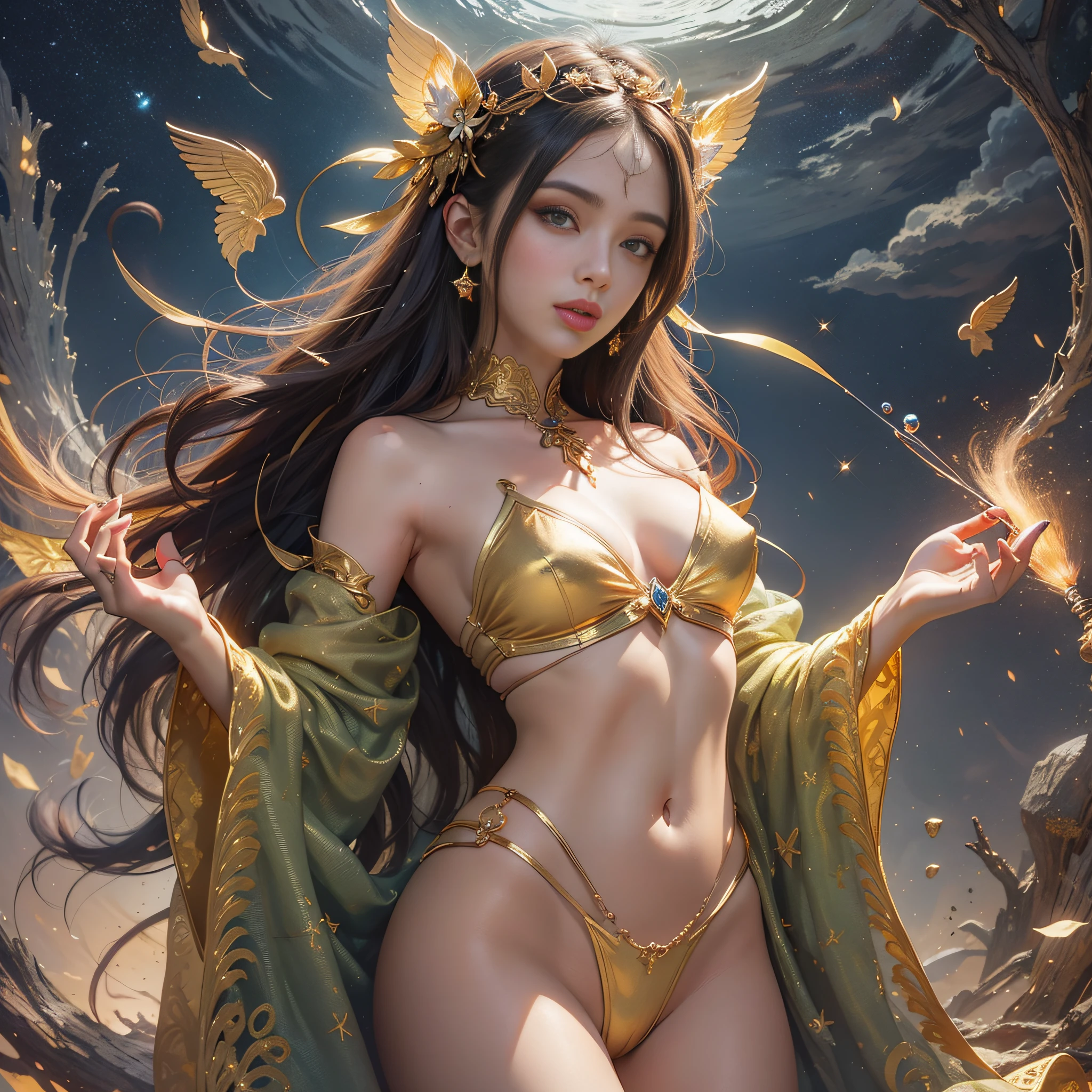 --Nymph of our dreams is revealed--hair that dances in the wind like strands of gold --eyes bright as twinkling stars --skin as soft and radiant as moonlight --golden proportion guides every stroke --every curve --every detail --charming face of this nymph --presents overflowing harmony --symmetry --irresistible --work of art --captivating smile --nymph --illuminates everything around her --slightly curved lips --whisper ancestral secrets that arouse curiosity and delight the hearts of all who see,, --Detalhes, --Proportions, --Golden Ratio, --Divine Pattern, --Transcends --The eyes of this nymph are true windows to the soul, --Transmitindo uma sabedoria profunda --Serenidade, --Harmonia universal, --Divine balance, --Ninfa atraente, --Celebration of beauty, --Arte, --Mathematics, --Mysteries of creation: --Aesthetic perfection;, hiper-realismo, simetria, cowboy shot, 135 mm, anatomicamente correto, super detalhe