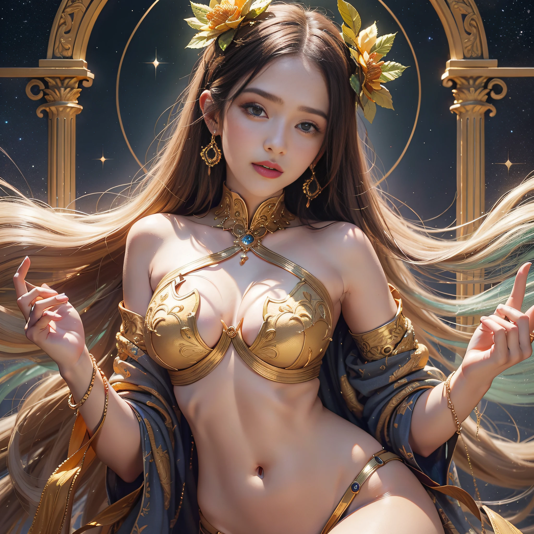 --Nymph of our dreams is revealed--hair that dances in the wind like strands of gold --eyes bright as twinkling stars --skin as soft and radiant as moonlight --golden proportion guides every stroke --every curve --every detail --charming face of this nymph --presents overflowing harmony --symmetry --irresistible --work of art --captivating smile --nymph --illuminates everything around her --slightly curved lips --whisper ancestral secrets that arouse curiosity and delight the hearts of all who see,, --Detalhes, --Proportions, --Golden Ratio, --Divine Pattern, --Transcends --The eyes of this nymph are true windows to the soul, --Transmitindo uma sabedoria profunda --Serenidade, --Harmonia universal, --Divine balance, --Ninfa atraente, --Celebration of beauty, --Arte, --Mathematics, --Mysteries of creation: --Aesthetic perfection;, hiper-realismo, simetria, cowboy shot, 135 mm, anatomicamente correto, super detalhe