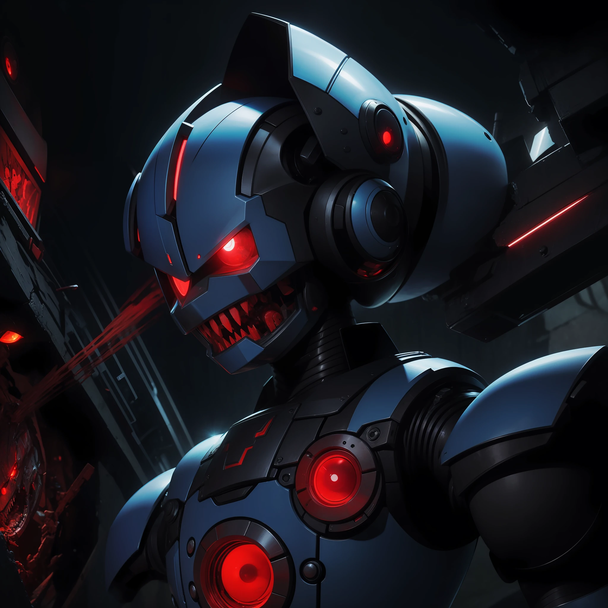 Coby Robot who is a robot master that looks a lot like megaman but with crimson glowing eyes, he blasts everything into bloody bits and laughs at the chaos, Masterpiece, Best Quality, In Nightmare Fuel Style