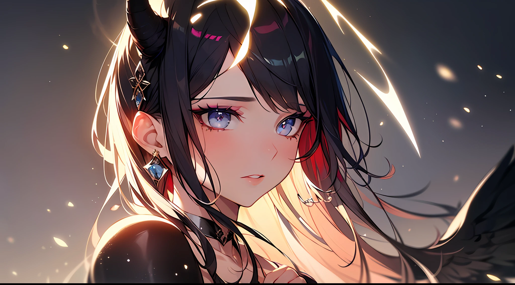 (Masterpiece:1.2), best quality, (illustration:1.2), (ultra-detailed),Eye focus,(Masterfully crafted Glow, pink lens flare), (Cinematic background), hyper details, (delicate detailed), (intricate details),in the air, octane render, hdr, (hyperdetailed:1.15), (soft light:1.2), 1girl, beautiful girl, ultra detailed eyes, mature, plump, thick, rainbow painting drops, paint teardrops, woman made up from paint, entirely paint, splat, splash, outdoors, (bioluminescent hair:1.1),(glowing eyes), ((makeup)),(Cinematic masterpiece), fierce, powerful, splashes of colour absolutely eye-catching, (Cinematic headlight), light coming from above, growing shadows, ((caustic)), dynamic angle, beautiful detailed glow, ambient occlusion, ambient light, raytraced reflections,(best illumination, an extremely delicate and beautiful), ((cinematic light)), (soft:2), (Nephilim:1.2), (halo), demon horns,(1 angel wing),1 demon wing, wings on back, half demon, demon ears, black wings, raven wings, (falling raven feathers), black hair, grey eyes, (red hair glow), (radiant aura),