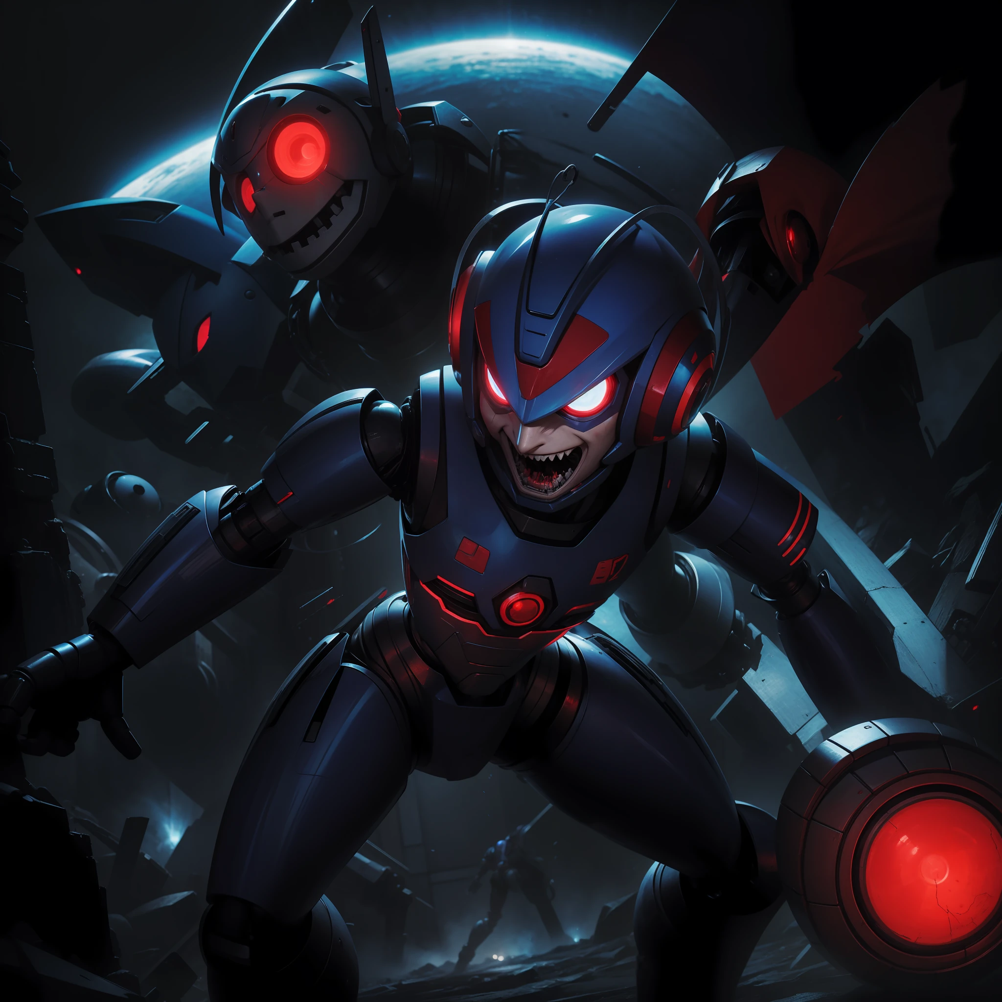 Coby Robot who is a robot master that looks a lot like megaman but with crimson glowing eyes, he blasts everything into bloody bits and laughs at the chaos, Masterpiece, Best Quality, In Nightmare Fuel Style