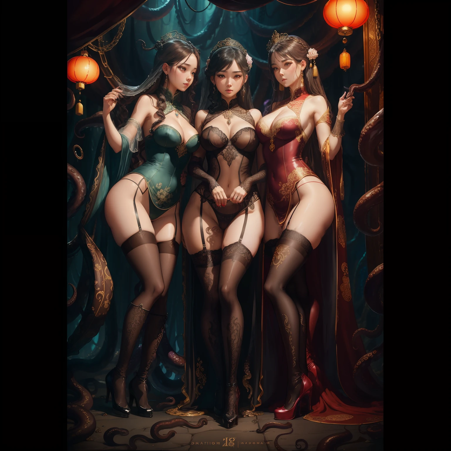 best quality, masterpiece, highres, 3 noble girls, girls trapped, helpless, shock face expression, angry face expression, lesbians, making out, kissing, intimate, seductive, snapping, shot from behind, kneeling, asian style, hanfu, white and even teeth, irises, full body shot, shot from behind, chinese women's clothing, chinese traditional dress, long dress, different colors, wearing a nightgown thin lace deep slit chest, chinese underwear, stockings, wearing stockings, all wearing stockings, lace stockings, mesh stockings with hooks on underwear, garter belt, high heels, high boots, wearing high leather boots, high latex boots, corsait, turtleneck polo lace top, choker, leash, BDSM, chains, chained, long gloves, makeup, eyes with very sharp and detailed makeup, lipstick, very long hair, ponytail, hair ornaments, necklace, jewelry, crown jewelry, Pretty face, magic import style, tyndall effect, photo realistic, border light, two tone light, (high detail skin: 1.2), 8k uhd, dslr , soft light, high quality, volumetric light, candid, Photo , high resolution, 4k, 8k, Bokeh, In the Dark: 1.6), surreal full body of women by David Hockney and Alphonse Mucha, fantasy art, photorealism, dynamic lighting, station art, posters, volumetric lighting, highly detailed faces , super 8k, Awarded, in the dark, deep shadow, low light, bust, Royal style family, Best face, Very round and tight breasts, Surreal, guweiz, (full body), (Background detail 1.8), woman in a giant octopus hammock, monster's den background, hands in tentacles, hands covered with tentacles, Tentacles, wrapped in tentacles, covered with tentacles, gross tentacles, discusting tentacles, covered in slime, sweating, around the tentacles, some tentacles are touching her, tentacles, tentacle monsters, tentacles, slime, hybridization, mating, snapping, damp black translucent mucus, squirming tentacles, sucking tentacle, eating tentacle, sucks octopus tentacle