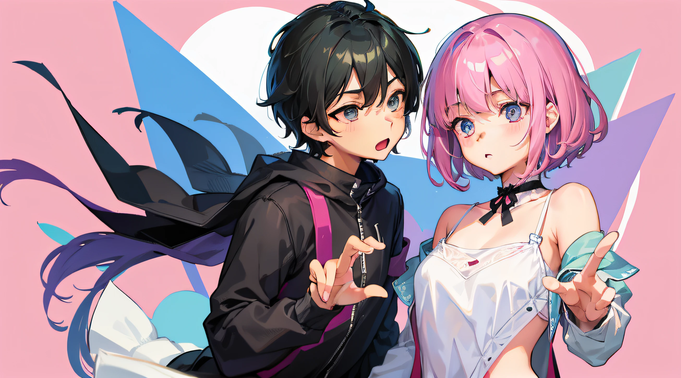 a couple(1Boy、1garl)、short-cut、Background Simple、
