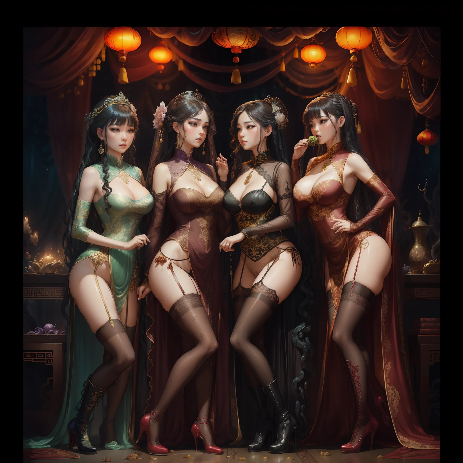 best quality, masterpiece, highres, 3 noble girls, girls trapped, helpless, shock face expression, angry face expression, lesbians, making out, kissing, intimate, seductive, snapping, shot from behind, kneeling, asian style, hanfu, white and even teeth, irises, full body shot, shot from behind, chinese women's clothing, chinese traditional dress, long dress, different colors, wearing a nightgown thin lace deep slit chest, chinese underwear, stockings, wearing stockings, all wearing stockings, lace stockings, mesh stockings with hooks on underwear, garter belt, high heels, high boots, wearing high leather boots, high latex boots, corsait, turtleneck polo lace top, choker, leash, BDSM, chains, chained, long gloves, makeup, eyes with very sharp and detailed makeup, lipstick, very long hair, ponytail, hair ornaments, necklace, jewelry, crown jewelry, Pretty face, magic import style, tyndall effect, photo realistic, border light, two tone light, (high detail skin: 1.2), 8k uhd, dslr , soft light, high quality, volumetric light, candid, Photo , high resolution, 4k, 8k, Bokeh, In the Dark: 1.6), surreal full body of women by David Hockney and Alphonse Mucha, fantasy art, photorealism, dynamic lighting, station art, posters, volumetric lighting, highly detailed faces , super 8k, Awarded, in the dark, deep shadow, low light, bust, Royal style family, Best face, Very round and tight breasts, Surreal, guweiz, (full body), (Background detail 1.8), woman in a giant octopus hammock, monster's den background, hands in tentacles, hands covered with tentacles, Tentacles, wrapped in tentacles, covered with tentacles, gross tentacles, discusting tentacles, covered in slime, sweating, around the tentacles, some tentacles are touching her, tentacles, tentacle monsters, tentacles, slime, hybridization, mating, snapping, damp black translucent mucus, squirming tentacles, sucking tentacle, eating tentacle, sucks octopus tentacle