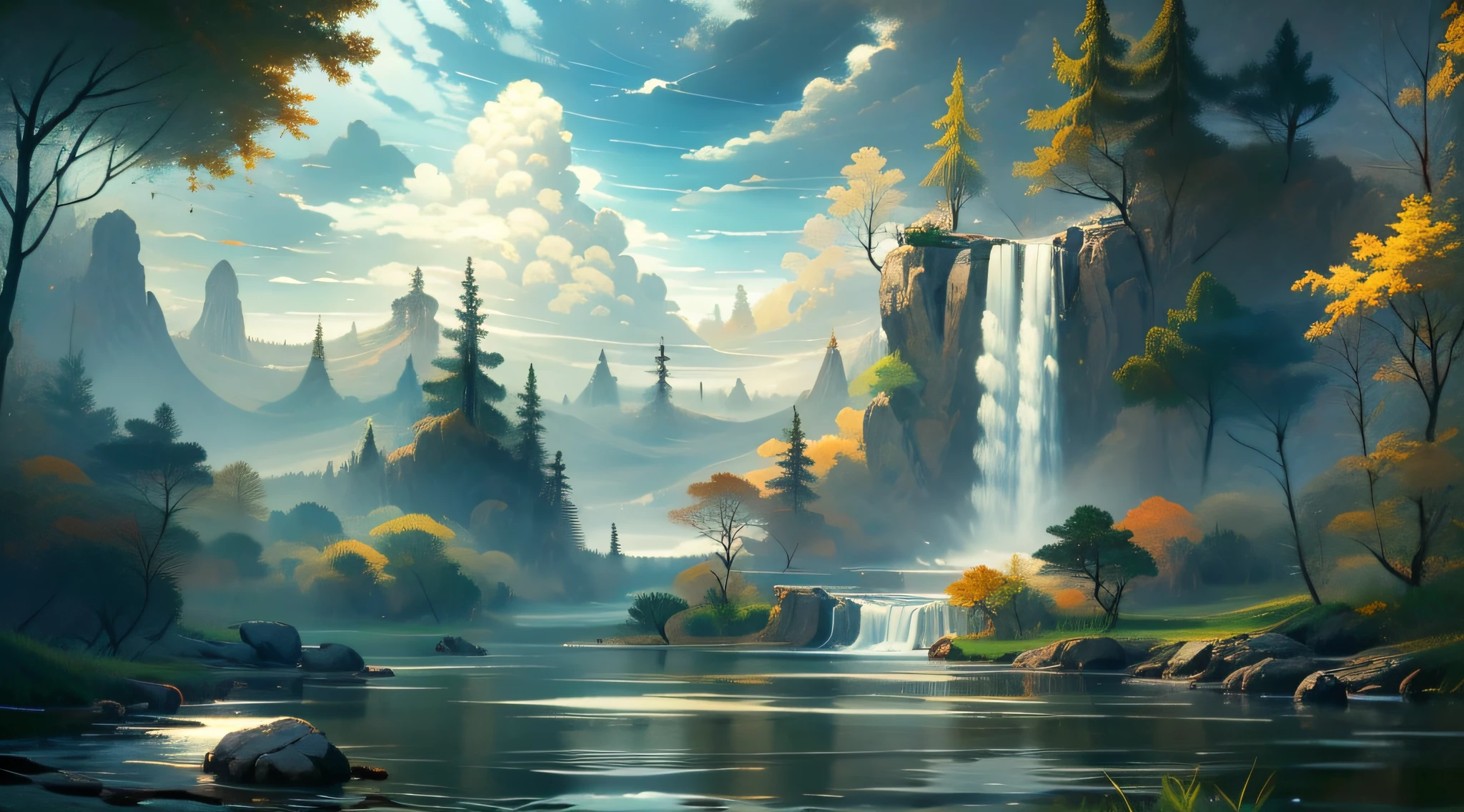 (beautiful scenery, daytime, no man, trees, waterfalls, rivers, sky, clouds, architectural gyration, Nature, dense complex, tranquil charm), Surrealism, Conceptual art, UHD, retina, masterpiece, HD, 4K, 8k, 16k, best quality, high details, high quality, highres, grand, spectacular, artistic conception