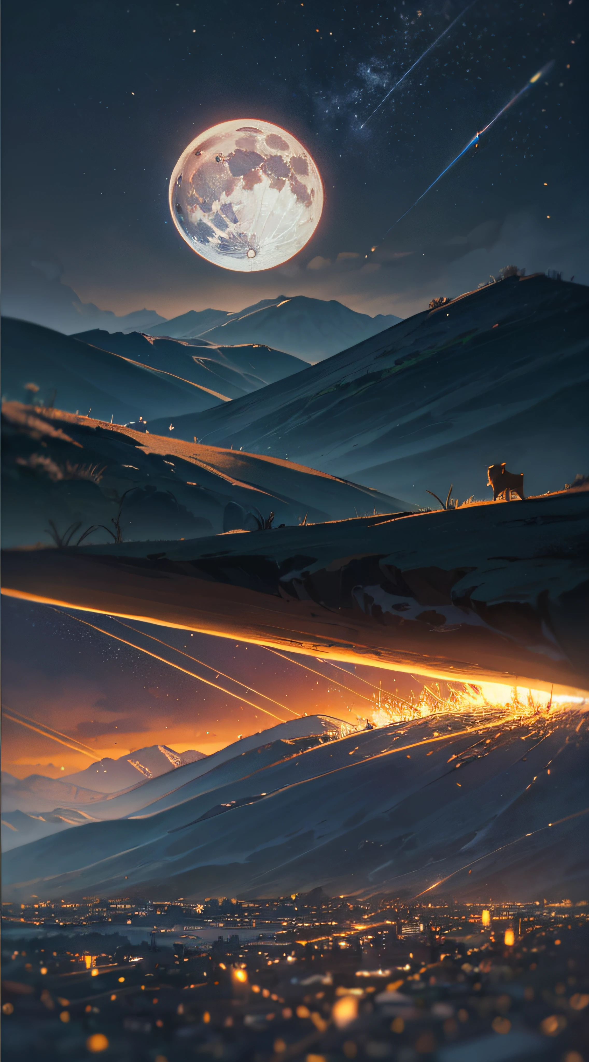 Expansive landscape photograph，（look from down，Above is the sky，Below are open fields），（moon full：1.2），（meteors：0.9），（Starcloud：1.3），Far Mountain, Tree BREAK making art，（Warm light source：1.2），（glowworm：1.2），lamp lights，Lots of purple and orange，Complicated details，Volumetriclighting，Realism BREAK（tmasterpiece：1.2），（best qualtiy），4K，Ultra-detailed，（dynamic compositions：1.4），The is very detailed，Colorful details，（Irridescent color：1.2），（luminouslighting，Atmospheric lighting），dream magical，magical，（独奏：1.2），（（best qualtiy））， （（tmasterpiece））， （the detail：1.4），depth of fields，maximum definition and sharpness，perfectly proportions