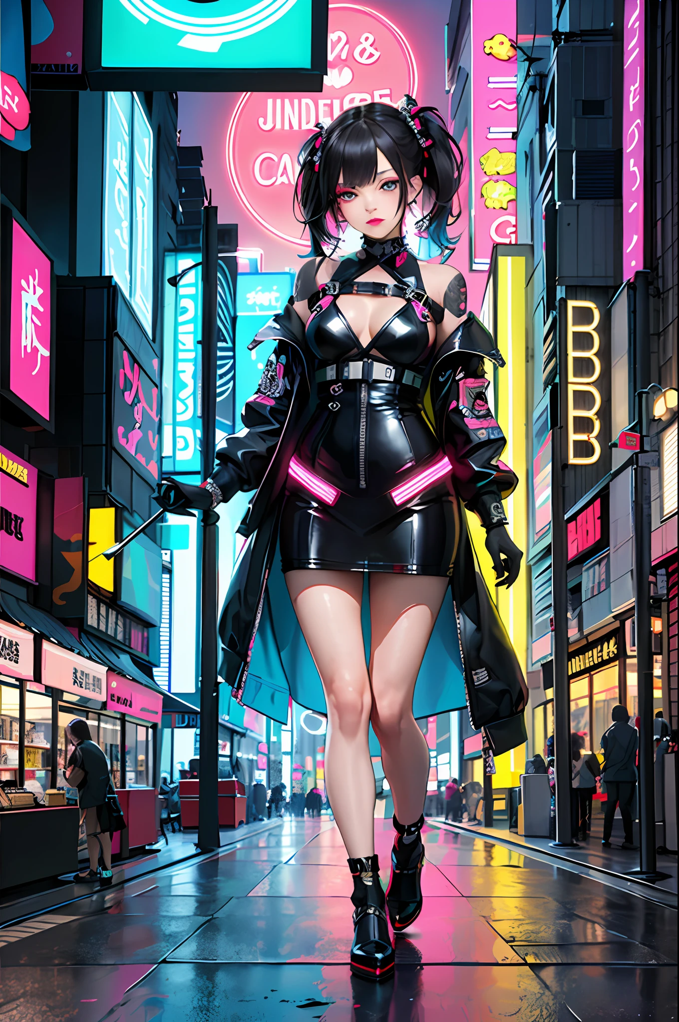 masterpiece, best quality, full body, 1girl, looking at viewer,
Confident girl with slightly sassy expression, Harajuku-inspired pop outfit, bold colors and patterns, eye-catching accessories, trendy and innovative hairstyle, vibrant makeup, futuristic and dazzling cyberpunk cityscape, skyscrapers, neon signs, LED lights, bright and vivid color scheme,
anime, illustration, detailed skin texture, detailed cloth texture, beautiful detailed face, intricate details, ultra detailed.
