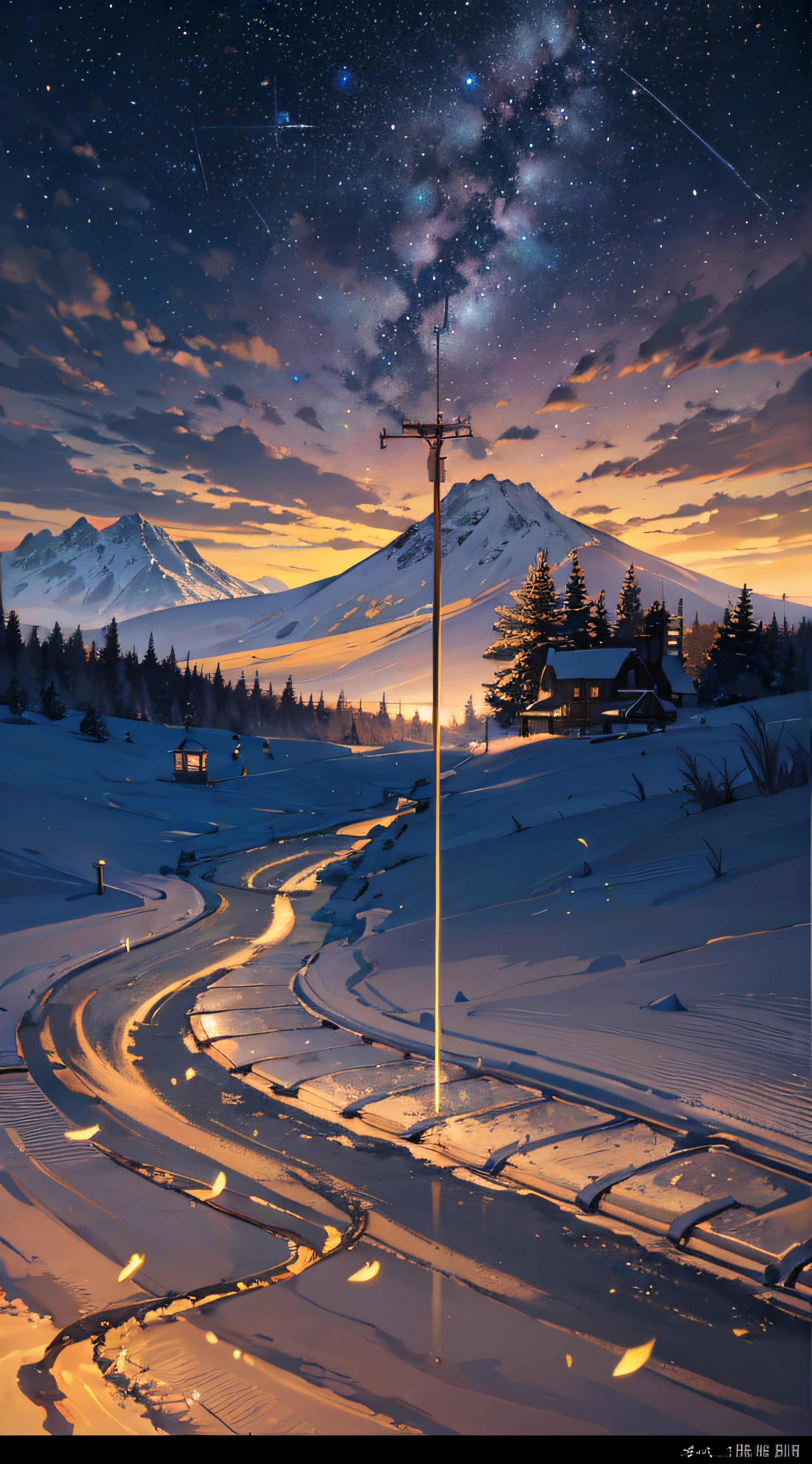 Expansive landscape photograph,(look from down,Above is the sky,Below are open fields),(moon full:1.2),(meteors:0.9),(Starcloud:1.3),Far Mountain, Tree BREAK making art,(Warm light source:1.2),(glowworm:1.2),lamp lights,Lots of purple and orange,Complicated details,Volumetriclighting,Realism BREAK(tmasterpiece:1.2),(best qualtiy),4K,Ultra-detailed,(dynamic compositions:1.4),The is very detailed,Colorful details,(Irridescent color:1.2),(luminouslighting,Atmospheric lighting),dream magical,magical,(独奏:1.2),((best qualtiy)), ((tmasterpiece)), (the detail:1.4),depth of fields,maximum definition and sharpness,perfectly proportions