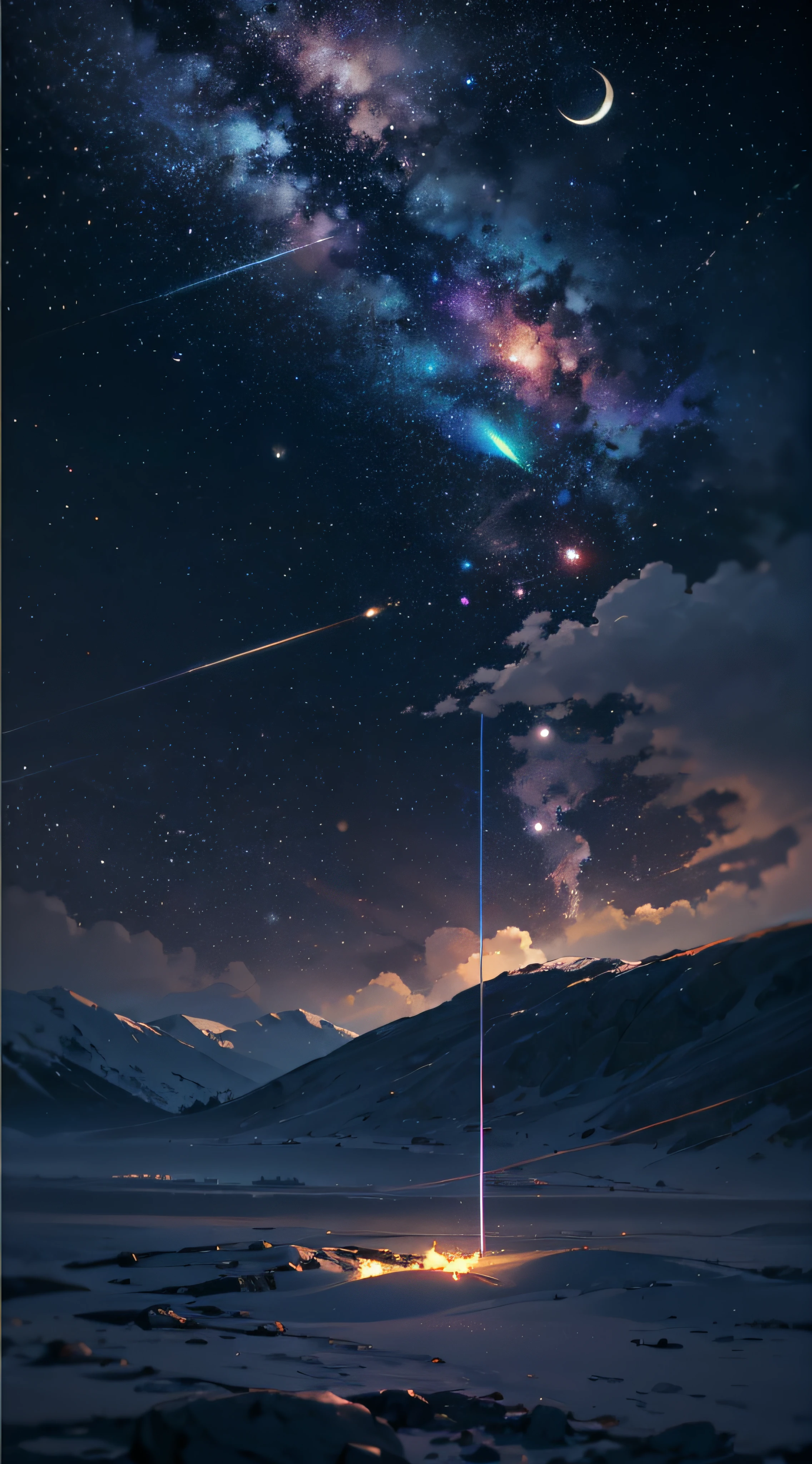 Expansive landscape photograph,(look from down,Above is the sky,Below are open fields),(moon full:1.2),(meteors:0.9),(Starcloud:1.3),Far Mountain, Tree BREAK making art,(Warm light source:1.2),(glowworm:1.2),lamp lights,Lots of purple and orange,Complicated details,Volumetriclighting,Realism BREAK(tmasterpiece:1.2),(best qualtiy),4K,Ultra-detailed,(dynamic compositions:1.4),The is very detailed,Colorful details,(Irridescent color:1.2),(luminouslighting,Atmospheric lighting),dream magical,magical,(独奏:1.2),((best qualtiy)), ((tmasterpiece)), (the detail:1.4),depth of fields,maximum definition and sharpness,perfectly proportions