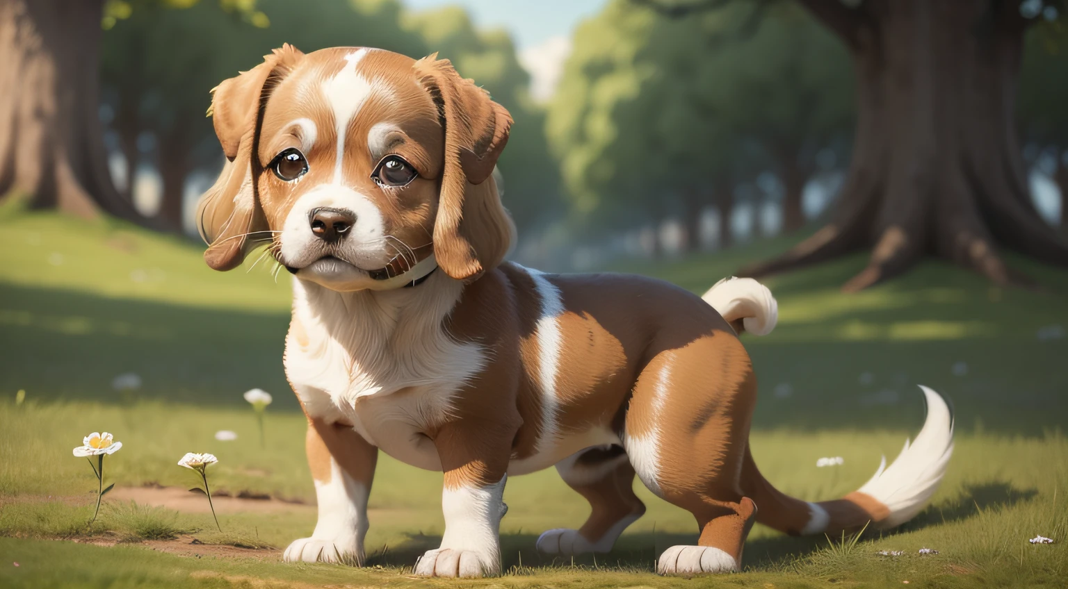 cachorro vira lata, in a white park with caramel spots with a sad look more with a look of hope, with various visual details and cartoon style located on the side of the image