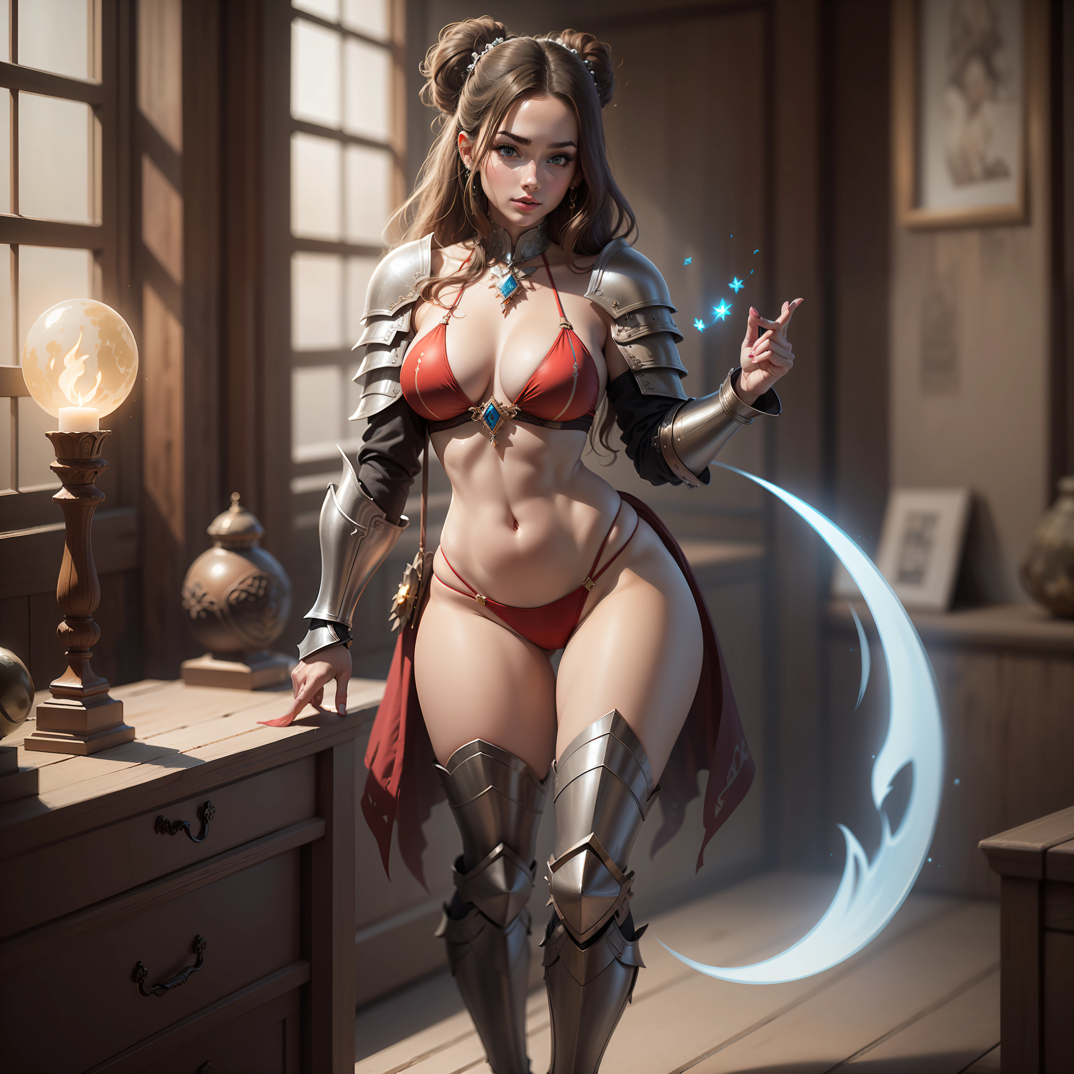 A Hot Sexy woman wearing a Rich Mahogany Bikini Armor with a Moonglow Aura radiating from her body, full body