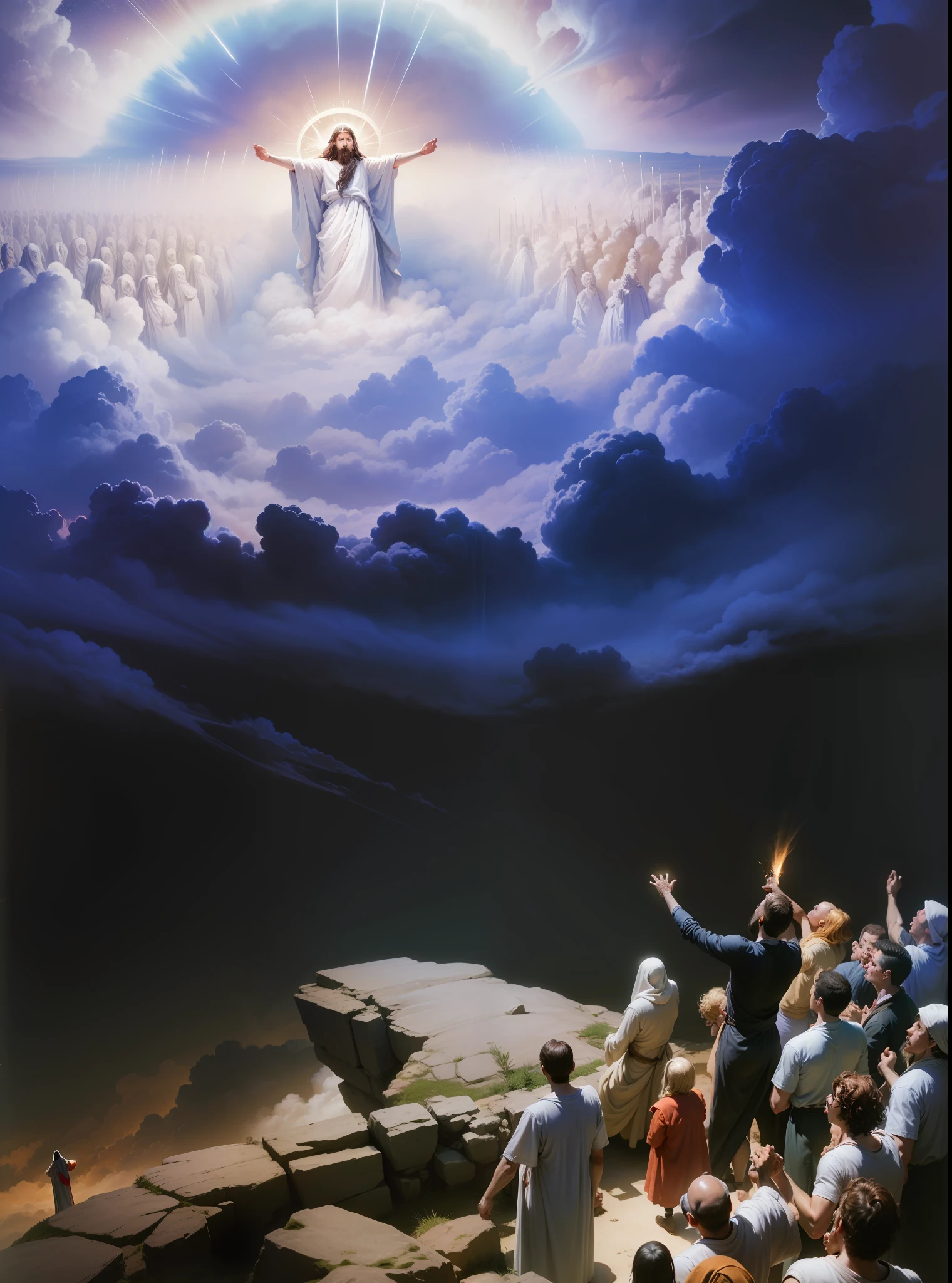 Coming of Jesus Christ on the clouds of heaven, cercado por anjos masculinos, e pessoas na terra contemplando este grande evento. Imagem realista, image with very high quality, Very high resolution image, image with great lighting