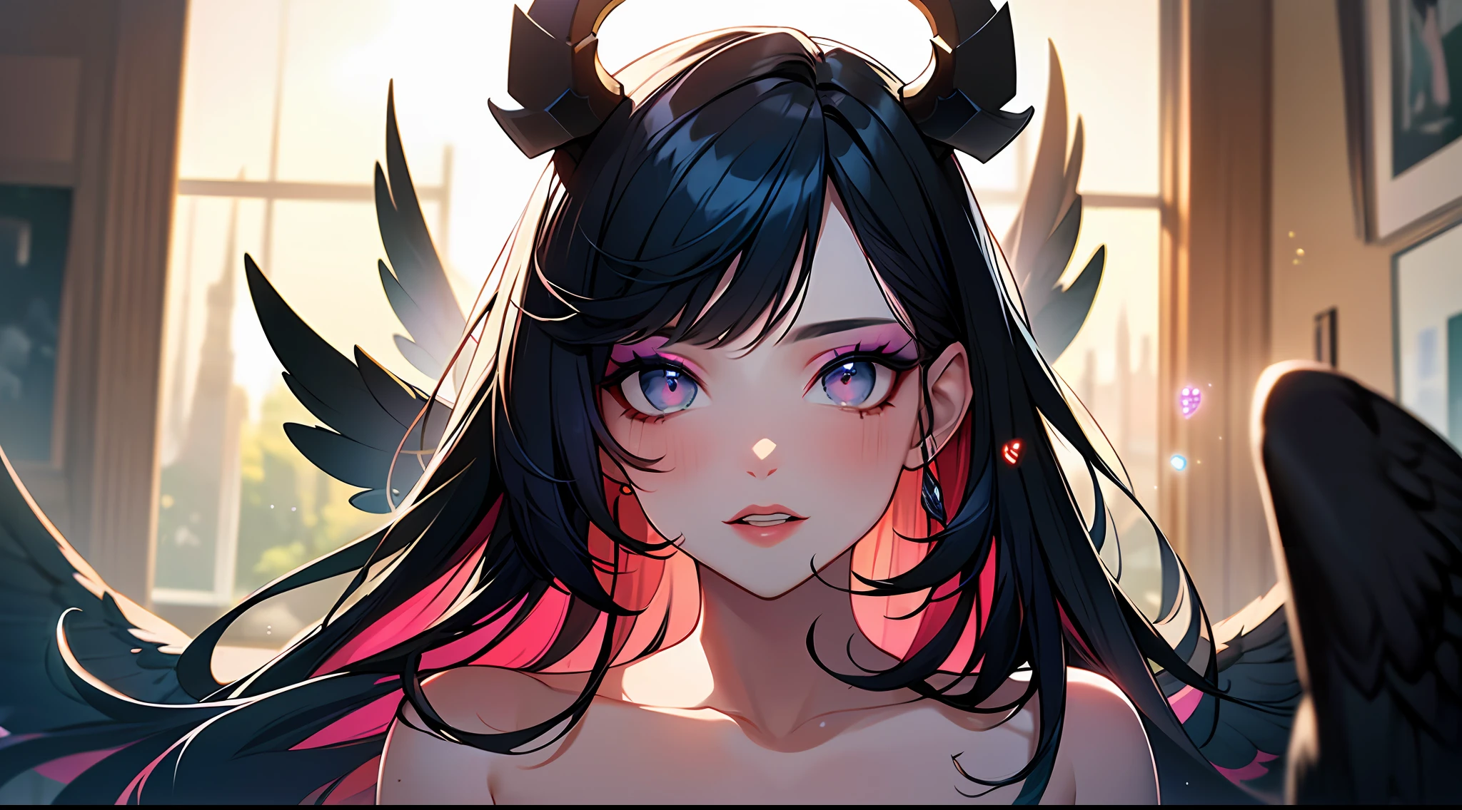(Masterpiece:1.2), best quality, (illustration:1.2), (ultra-detailed),Eye focus,(Masterfully crafted Glow, pink lens flare), (Cinematic background), hyper details, (delicate detailed), (intricate details),in the air, octane render, hdr, (hyperdetailed:1.15), (soft light:1.2), 1girl, beautiful girl, ultra detailed eyes, mature, plump, thick, rainbow painting drops, paint teardrops, woman made up from paint, entirely paint, splat, splash, outdoors, (bioluminescent hair:1.1),(glowing eyes), ((makeup)),(Cinematic masterpiece), fierce, powerful, splashes of colour absolutely eye-catching, (Cinematic headlight), light coming from above, growing shadows, ((caustic)), dynamic angle, beautiful detailed glow, ambient occlusion, ambient light, raytraced reflections,(best illumination, an extremely delicate and beautiful), ((cinematic light)), (soft:2), (Nephilim:1.2), (halo), demon horns,(1 angel wing),1 demon wing, wings on back, half demon, demon ears, black wings, raven wings, (falling raven feathers), black hair, grey eyes, (red hair glow), (radiant aura),