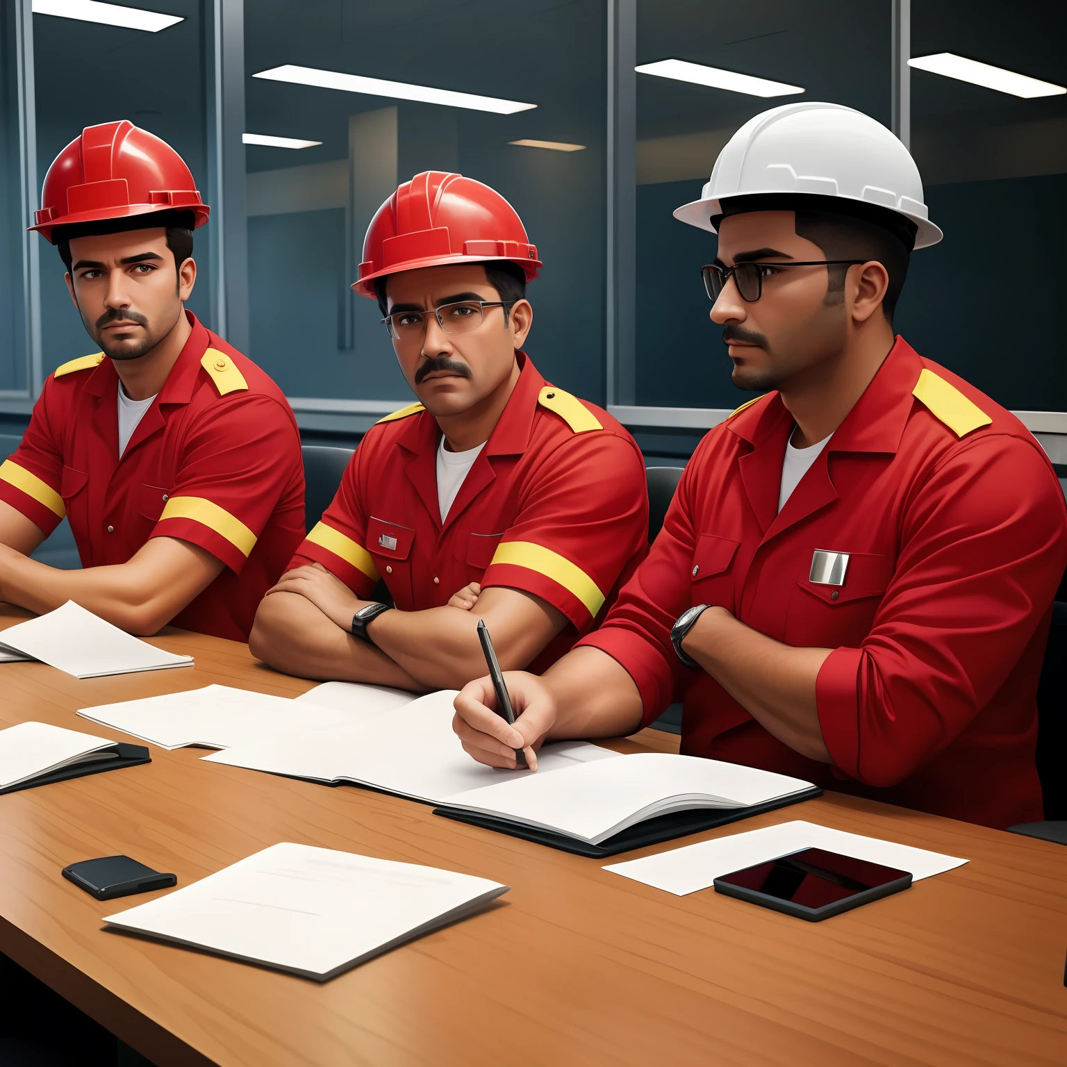 create a scene where industrial working men, wearing vermelhos uniforms, are at a conference table, discussing job security