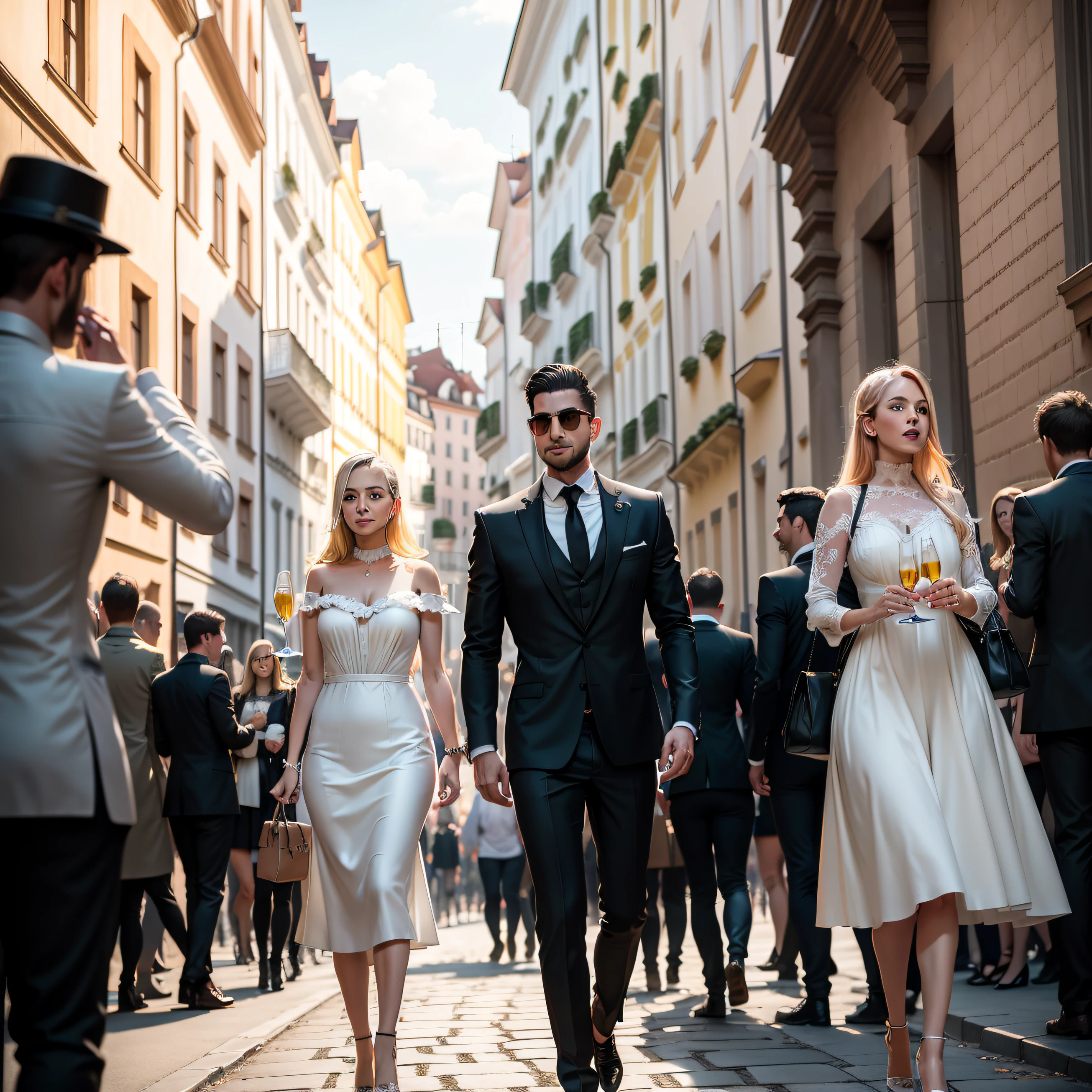 Calle de Viena, Austria, blanco y negro, gente alegre caminando, sipping champagne, bares de Champagne en medio de la calle, plaza con muchos monumentos, grandes monumentos y esculturas, to show us the majestic air of contemporary Vienna