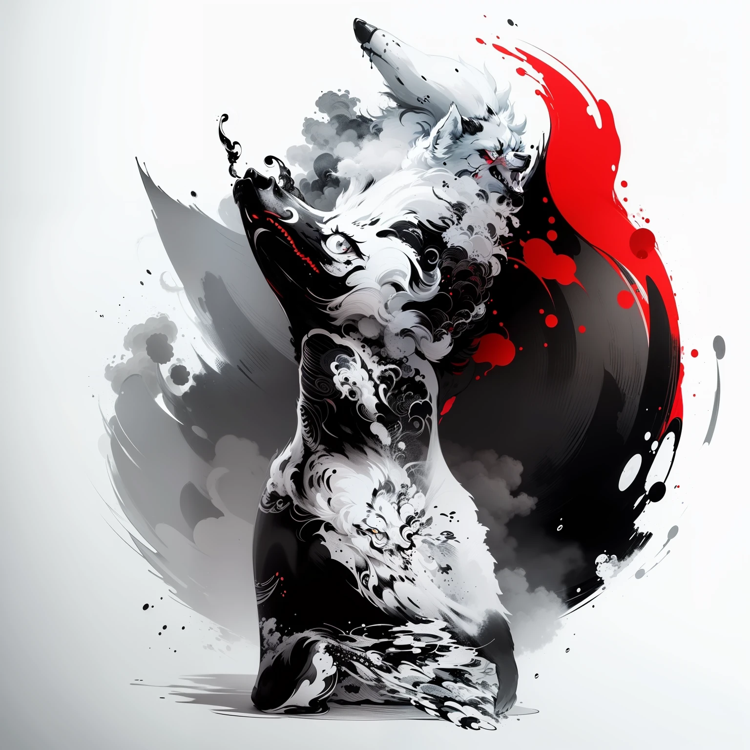 ((fit on screen)), ((best quality)), ((masterpiece)), a black and white illustration of a wolf howling in the air and breathing smoke from its mouth, concept art inspired by Shūbun Tenshō, featured on pixabay, brush lines, ink splash, black ink outline, pouring, stylized silhouette, hokusai, ink outline, dark ink, oriental, white background, high contrast illustration, black ink illustration, conceptual art, oriental, (very detailed), (brush lines:1.2), (red brush:1.2)