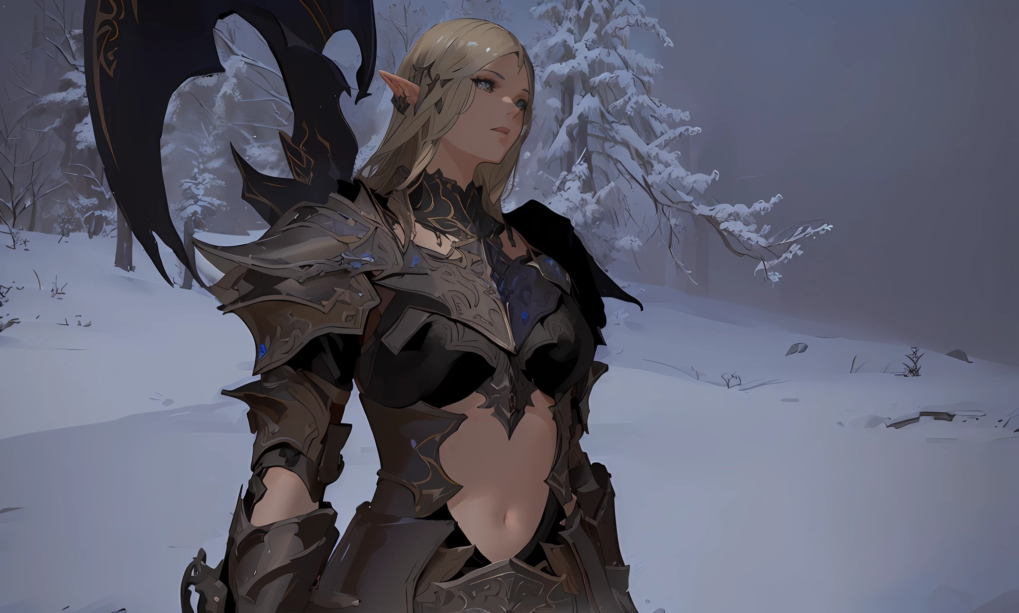 there is a woman in a brown outfit standing in the snow, dark elf, female elf, wearing shiny breastplate, from lineage 2, dark elf princess, pale black armor, dark elf maiden, sliver ice color reflected armor, backveiw picture of elf rogue, clothed in ethereal battle armour, wearing cloak on blasted plain, photogenic details on armour, Final fantasy 14, ff14 style