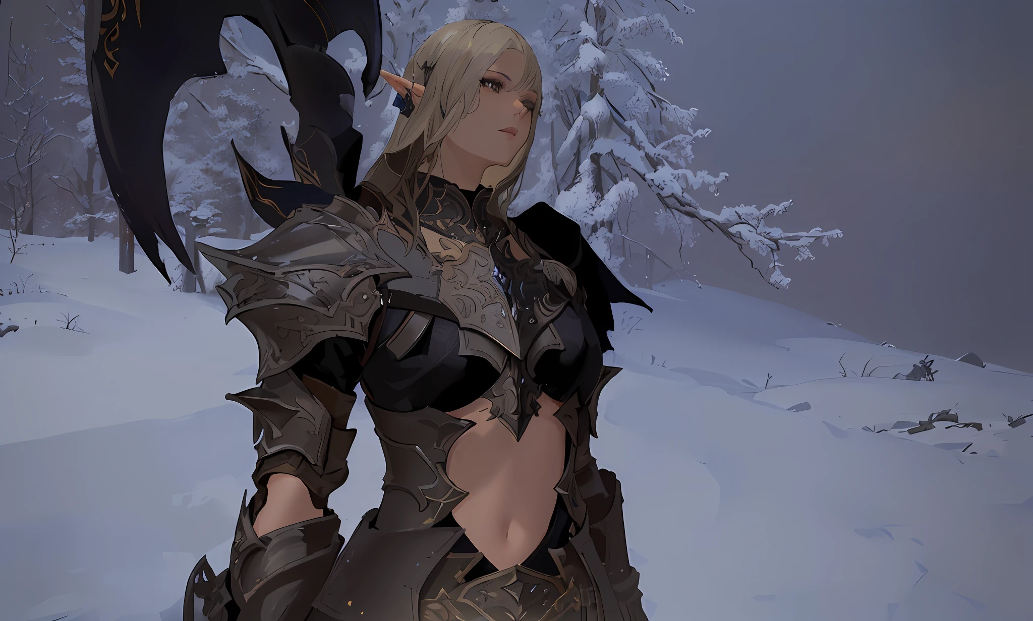 there is a woman in a brown outfit standing in the snow, dark elf, female elf, wearing shiny breastplate, from lineage 2, dark elf princess, pale black armor, dark elf maiden, sliver ice color reflected armor, backveiw picture of elf rogue, clothed in ethereal battle armour, wearing cloak on blasted plain, photogenic details on armour, Final fantasy 14, ff14 style